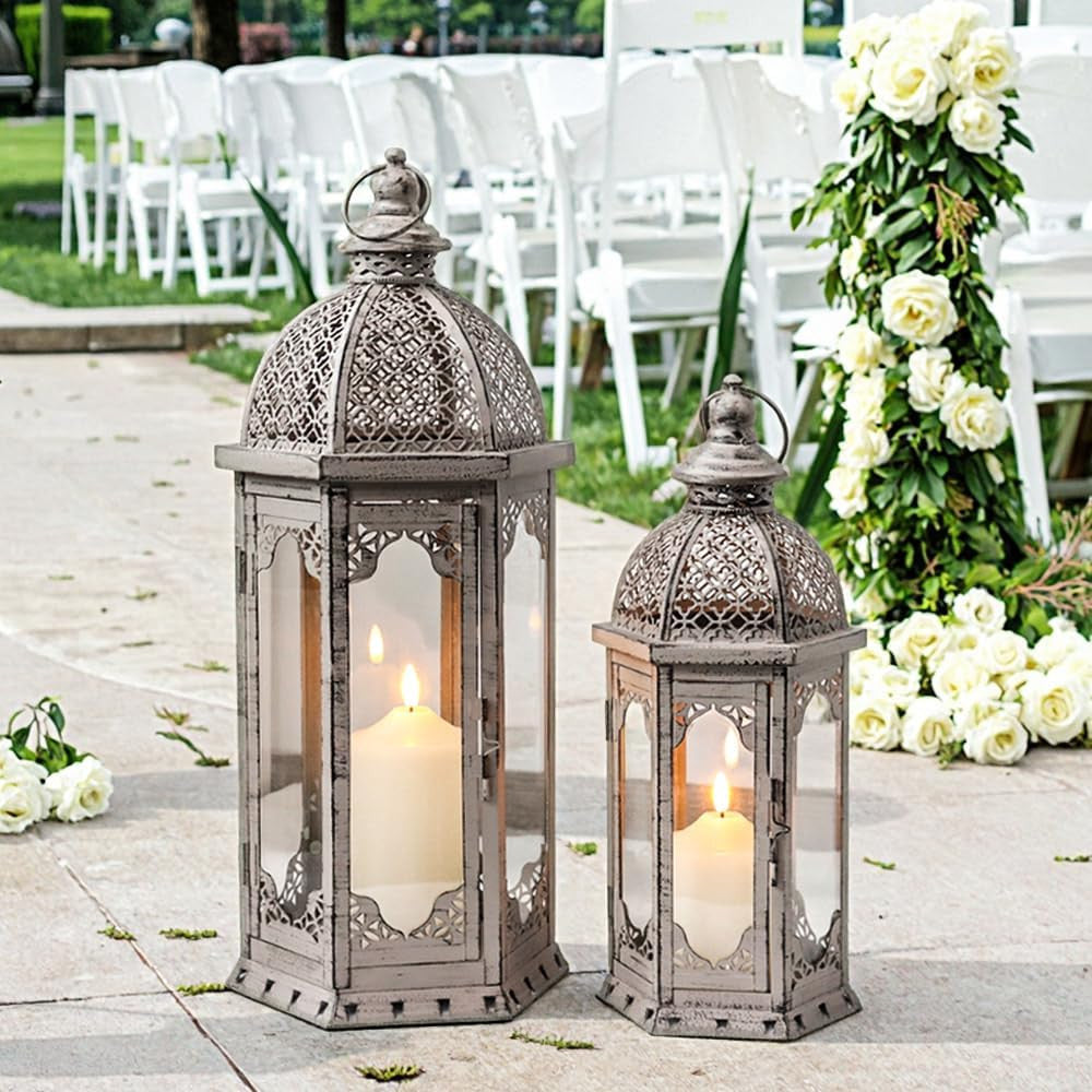 Set of Two Light Gray Distressed Ornate Metal Tabletop Lantern Candle Holders-5