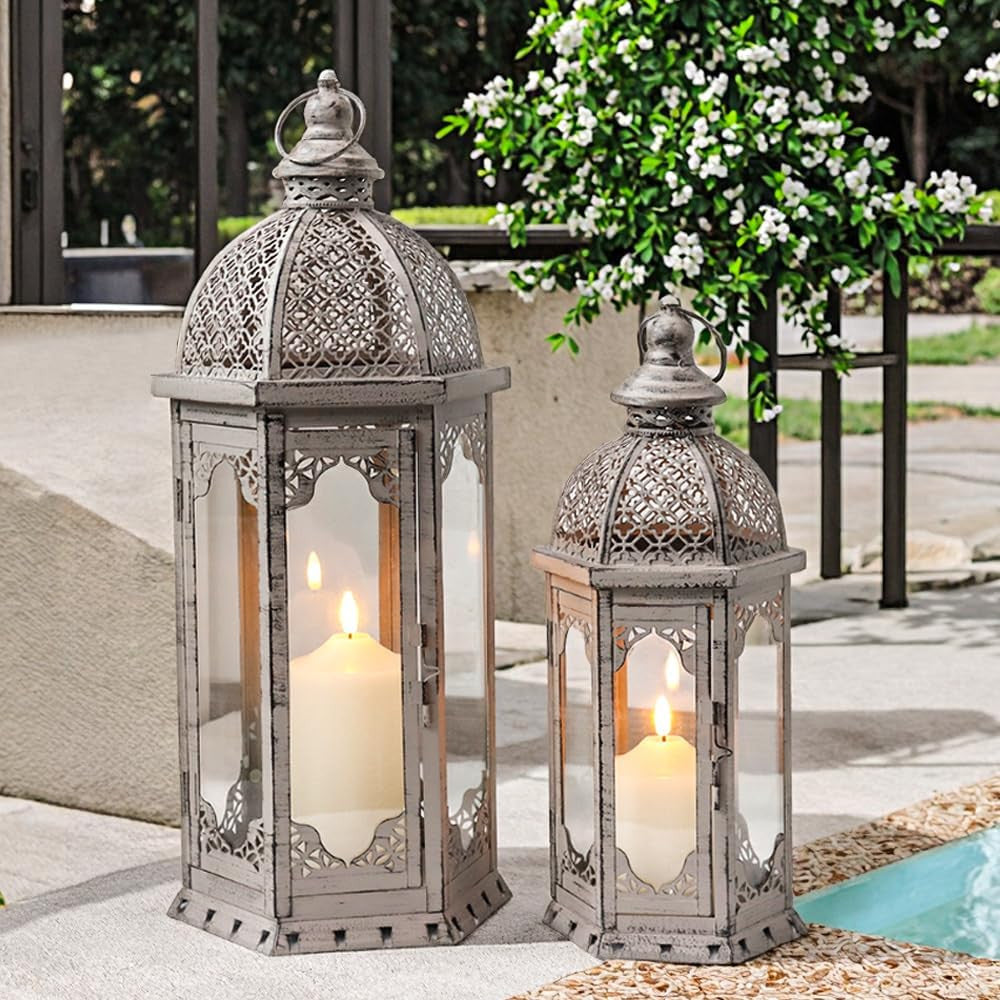 Set of Two Light Gray Distressed Ornate Metal Tabletop Lantern Candle Holders-6