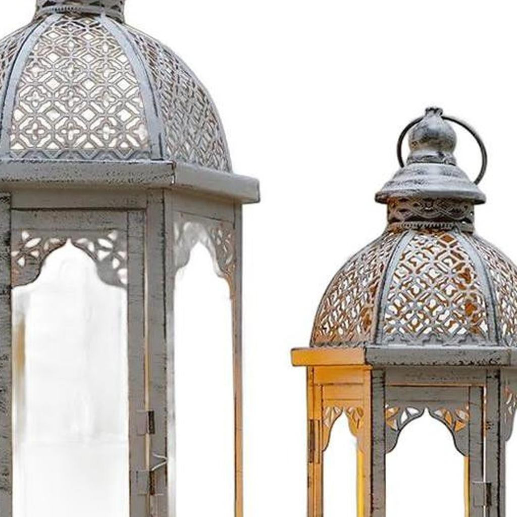 Set of Two Light Gray Distressed Ornate Metal Tabletop Lantern Candle Holders-3