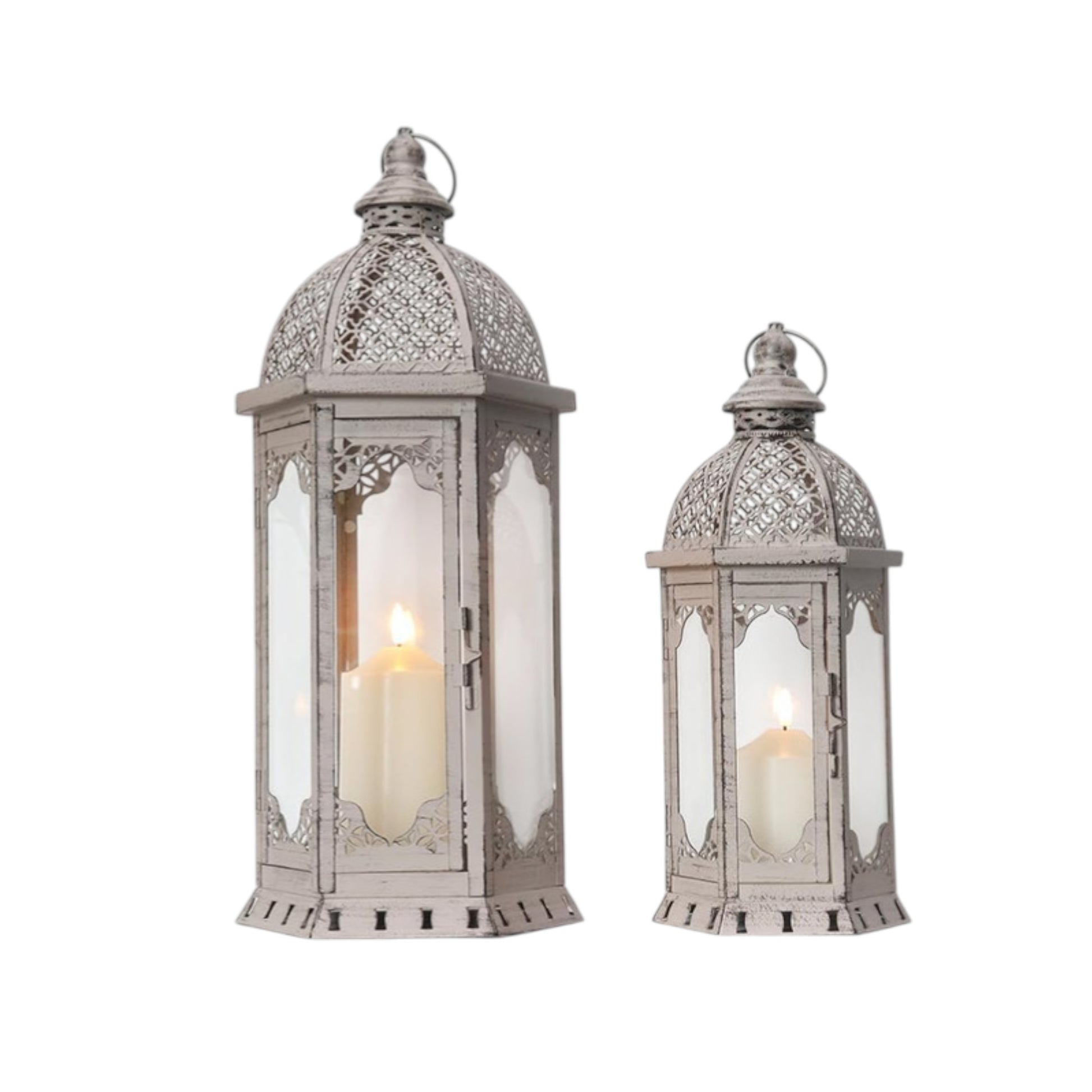 Set of Two Light Gray Distressed Ornate Metal Tabletop Lantern Candle Holders-1