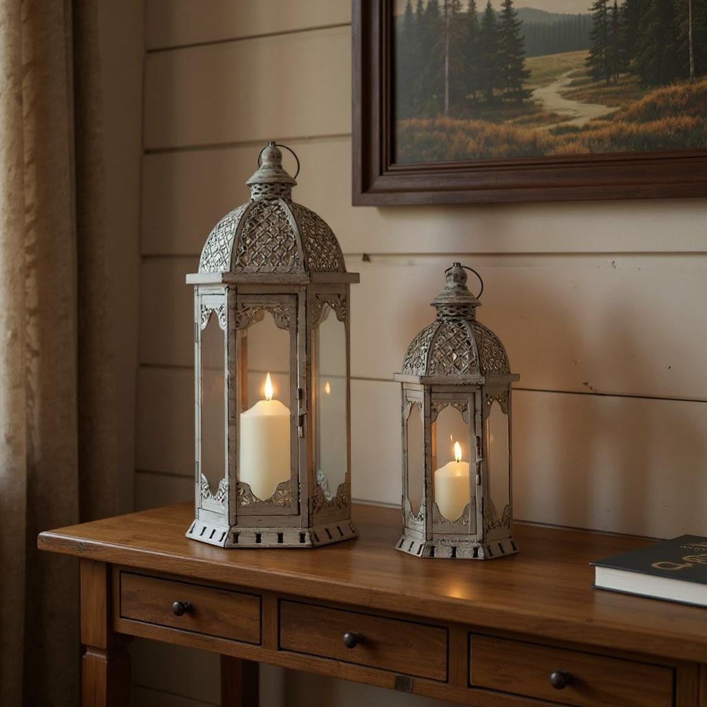 Set of Two Light Gray Distressed Ornate Metal Tabletop Lantern Candle Holders-0