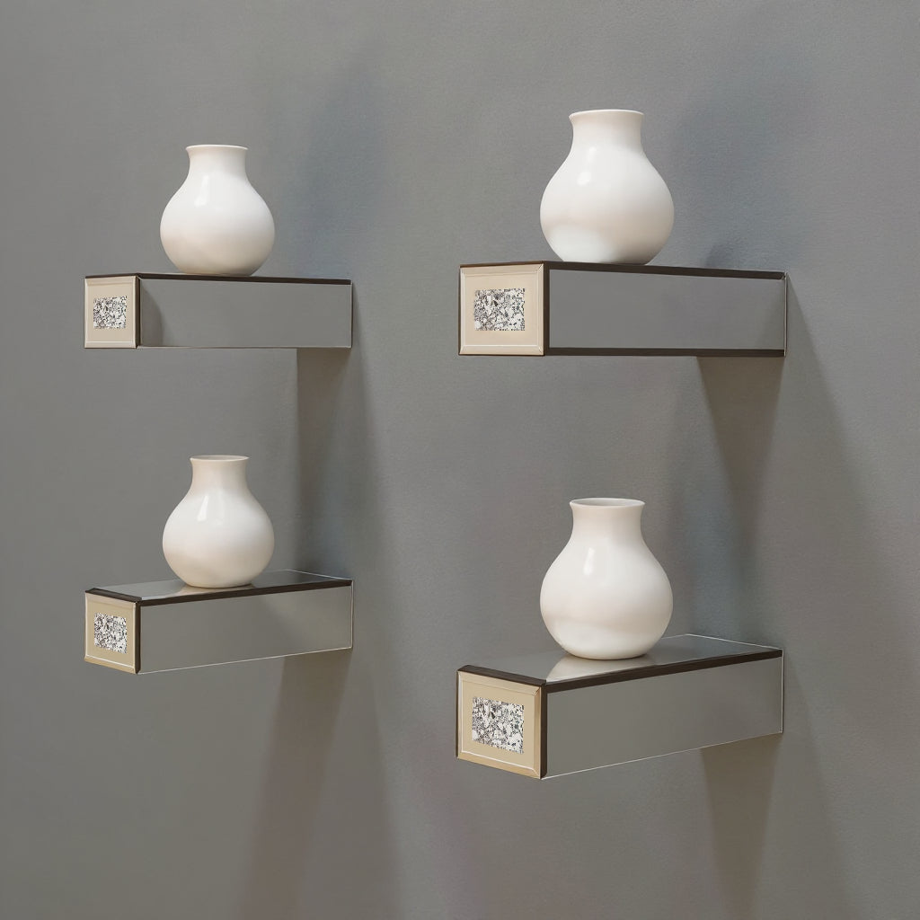 Set Of Four Silver Mirrored Glass And Faux Crystal Wall Mounted Floating Shelves-2