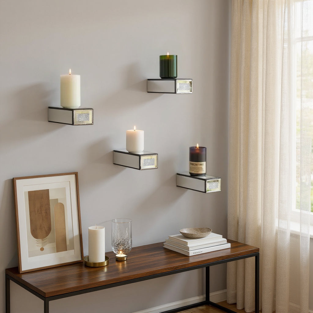 Set Of Four Silver Mirrored Glass And Faux Crystal Wall Mounted Floating Shelves-1