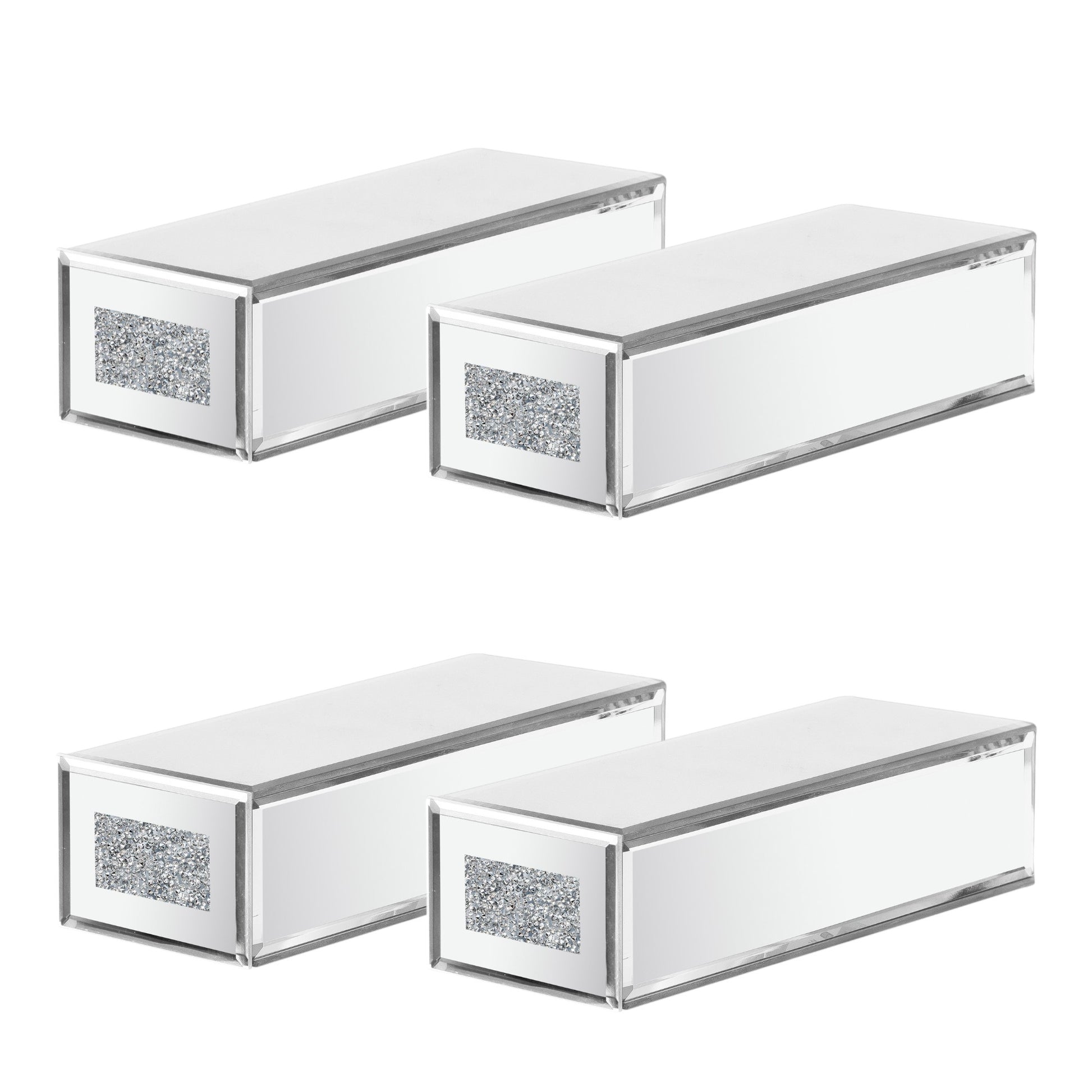 Set Of Four Silver Mirrored Glass And Faux Crystal Wall Mounted Floating Shelves-4