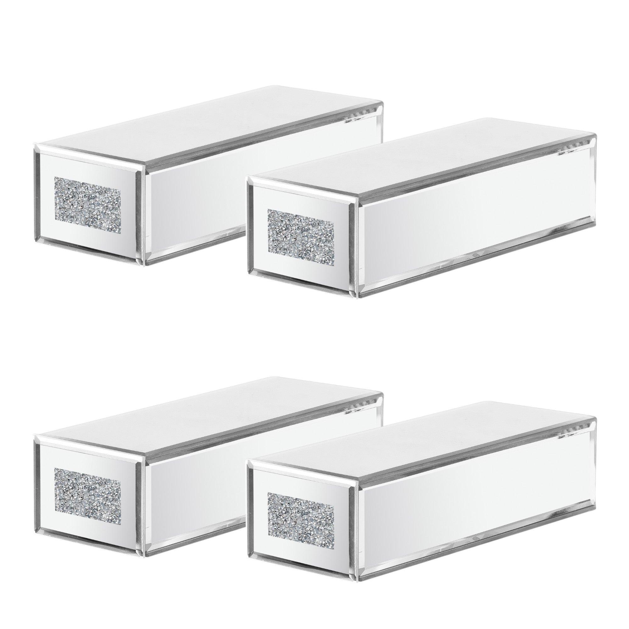 Set Of Four Silver Mirrored Glass And Faux Crystal Wall Mounted Floating Shelves-4