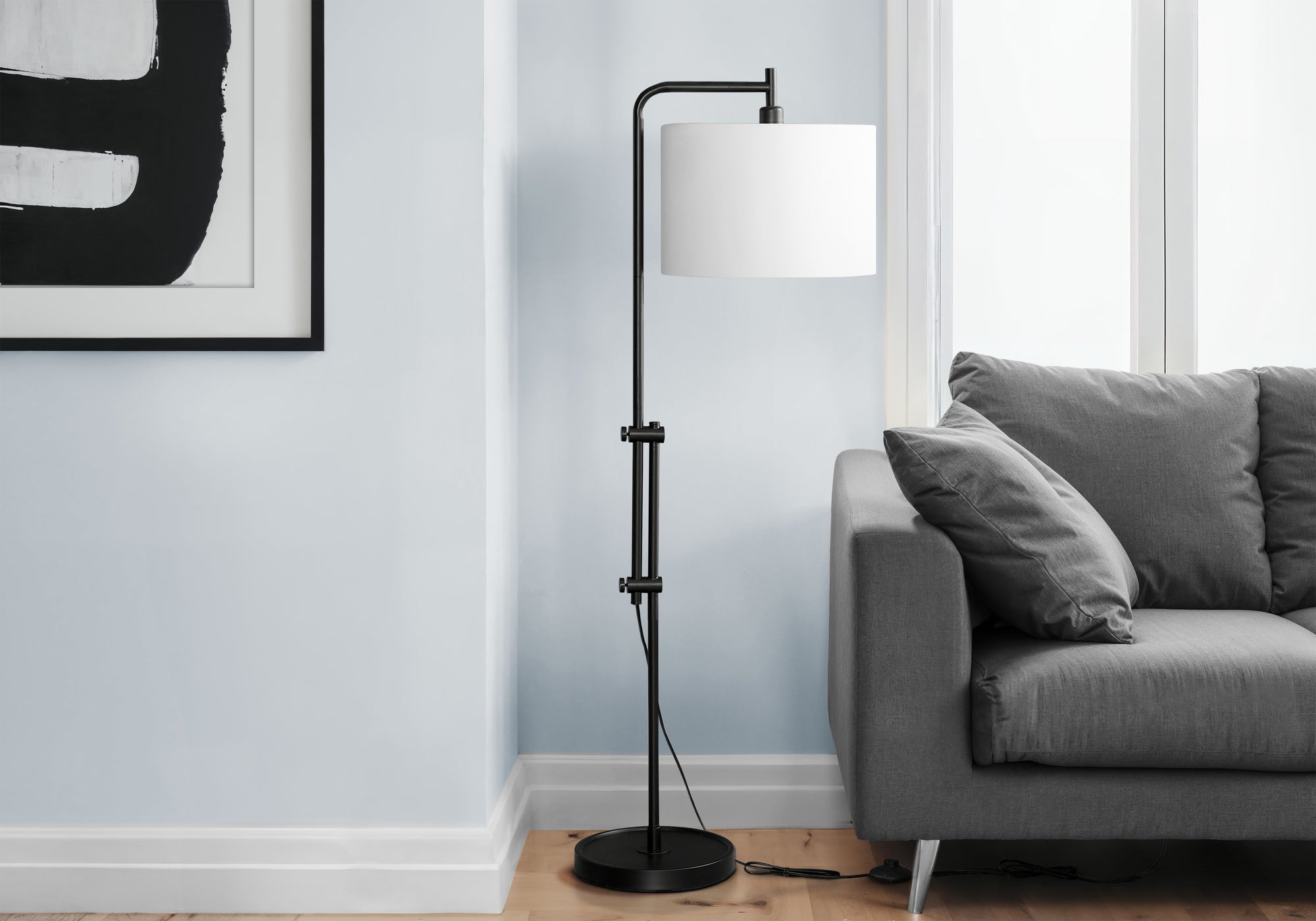 63"H Arc Floor Lamp Black Metal Ivory Shade-Lighting-DECOROLALA