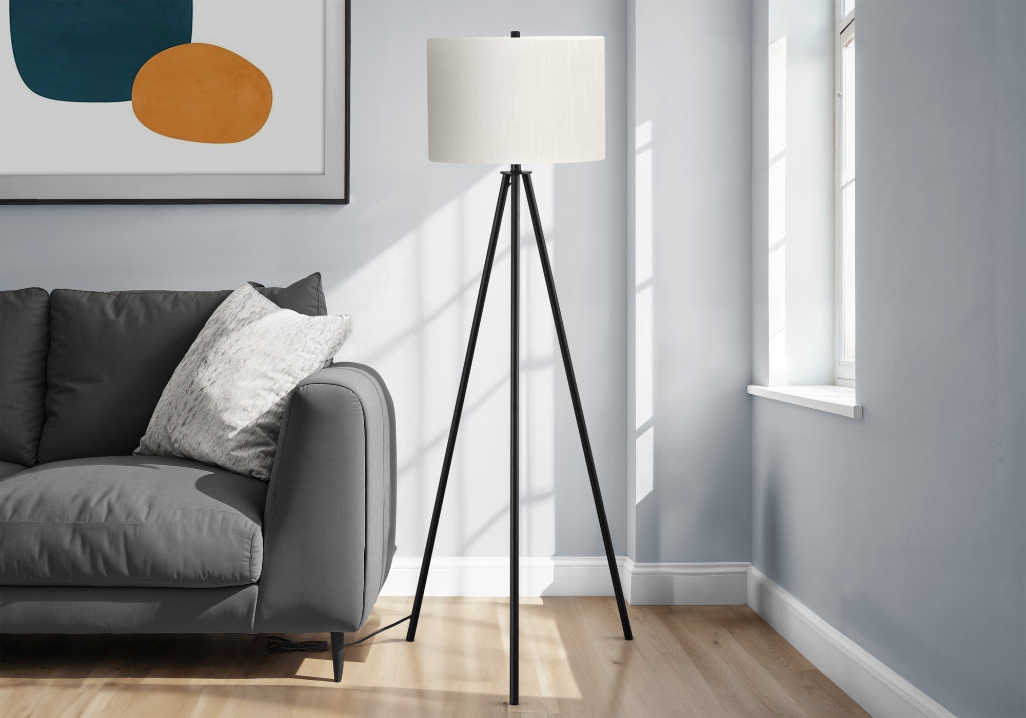 63"H Tripod Floor Lamp Black Metal Ivory Shade-Lighting-DECOROLALA