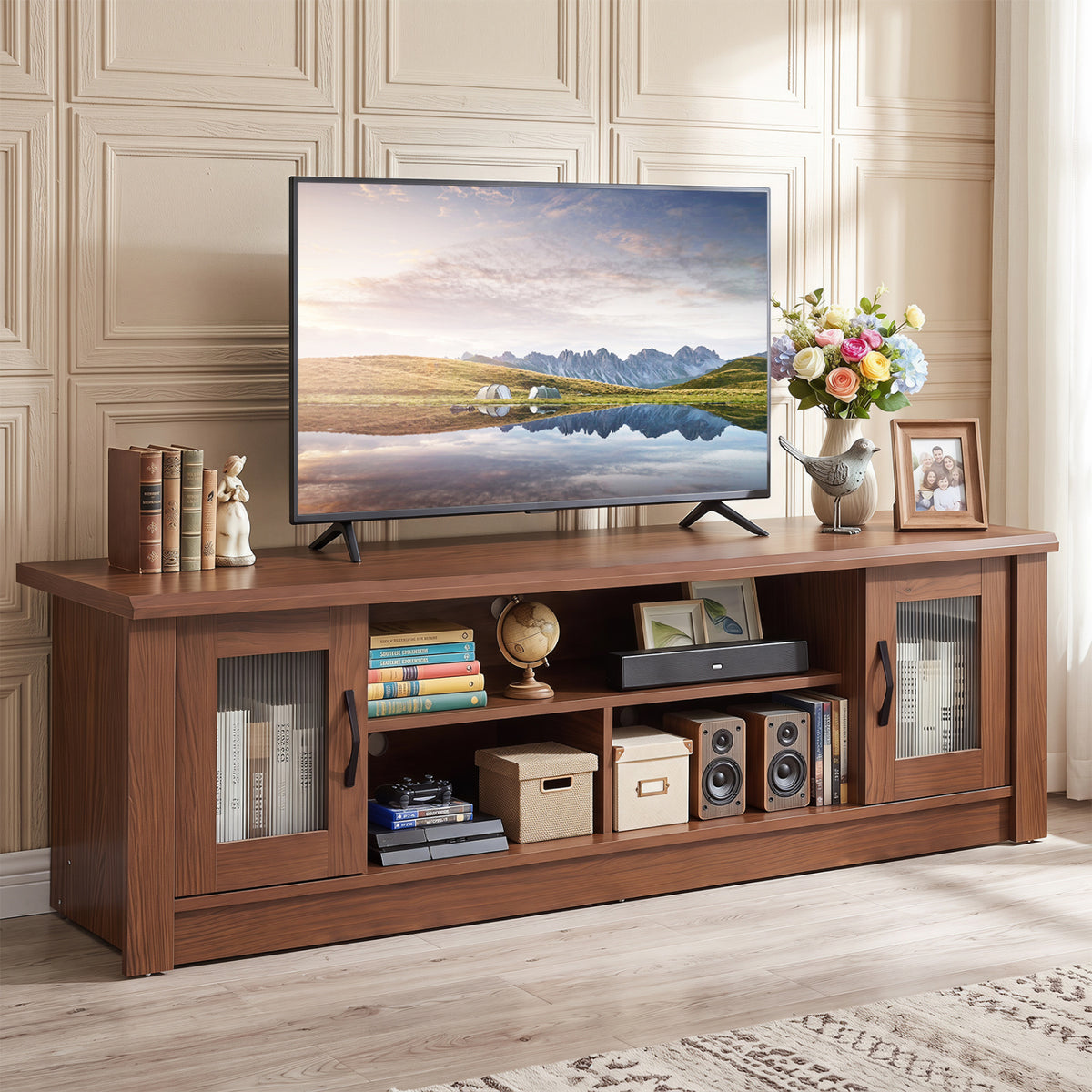 63” Wooden Farmhouse TV Stand for 70" TVs with 2 Fluted Doors and 3 Open Compartments-Brown-Entertainment Centers & TV Stands-DECOROLALA