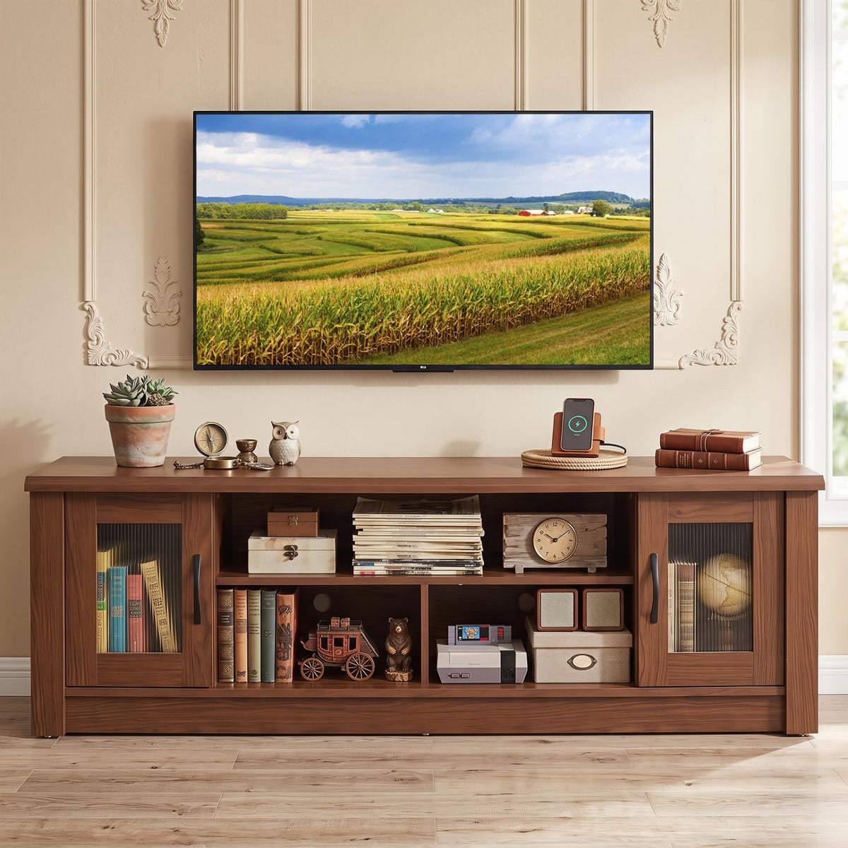 63” Wooden Farmhouse TV Stand for 70" TVs with 2 Fluted Doors and 3 Open Compartments-Brown-Entertainment Centers & TV Stands-DECOROLALA