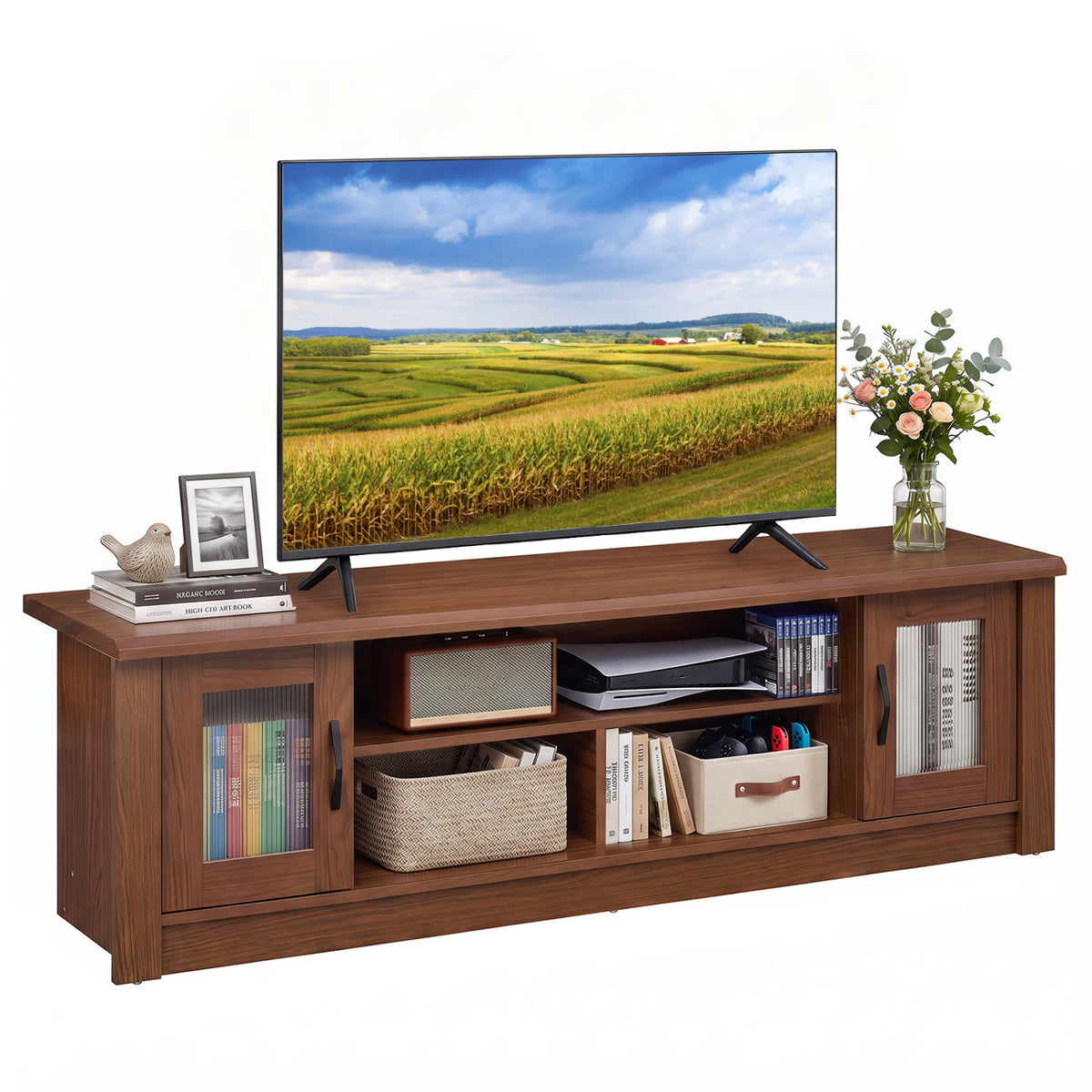 63” Wooden Farmhouse TV Stand for 70" TVs with 2 Fluted Doors and 3 Open Compartments-Brown-Entertainment Centers & TV Stands-DECOROLALA