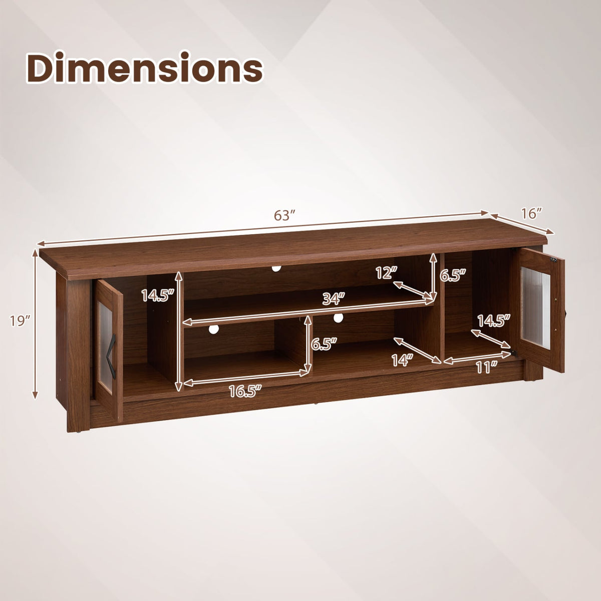 63” Wooden Farmhouse TV Stand for 70" TVs with 2 Fluted Doors and 3 Open Compartments-Brown-Entertainment Centers & TV Stands-DECOROLALA