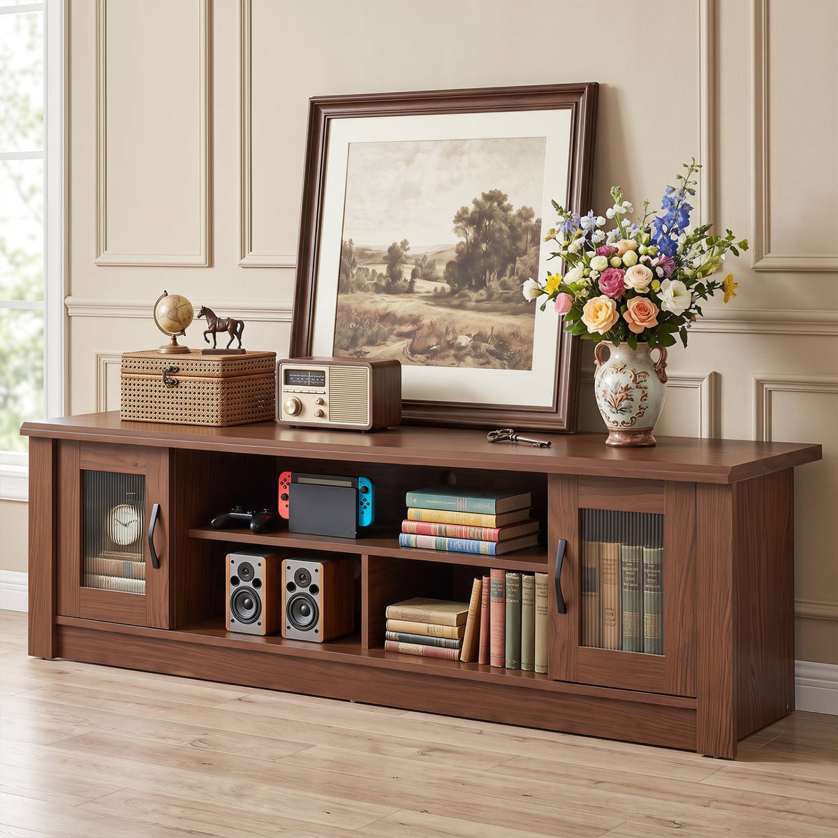 63” Wooden Farmhouse TV Stand for 70" TVs with 2 Fluted Doors and 3 Open Compartments-Brown-Entertainment Centers & TV Stands-DECOROLALA