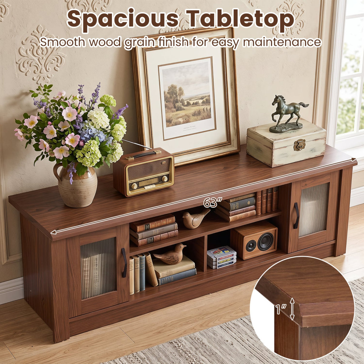 63” Wooden Farmhouse TV Stand for 70" TVs with 2 Fluted Doors and 3 Open Compartments-Brown-Entertainment Centers & TV Stands-DECOROLALA