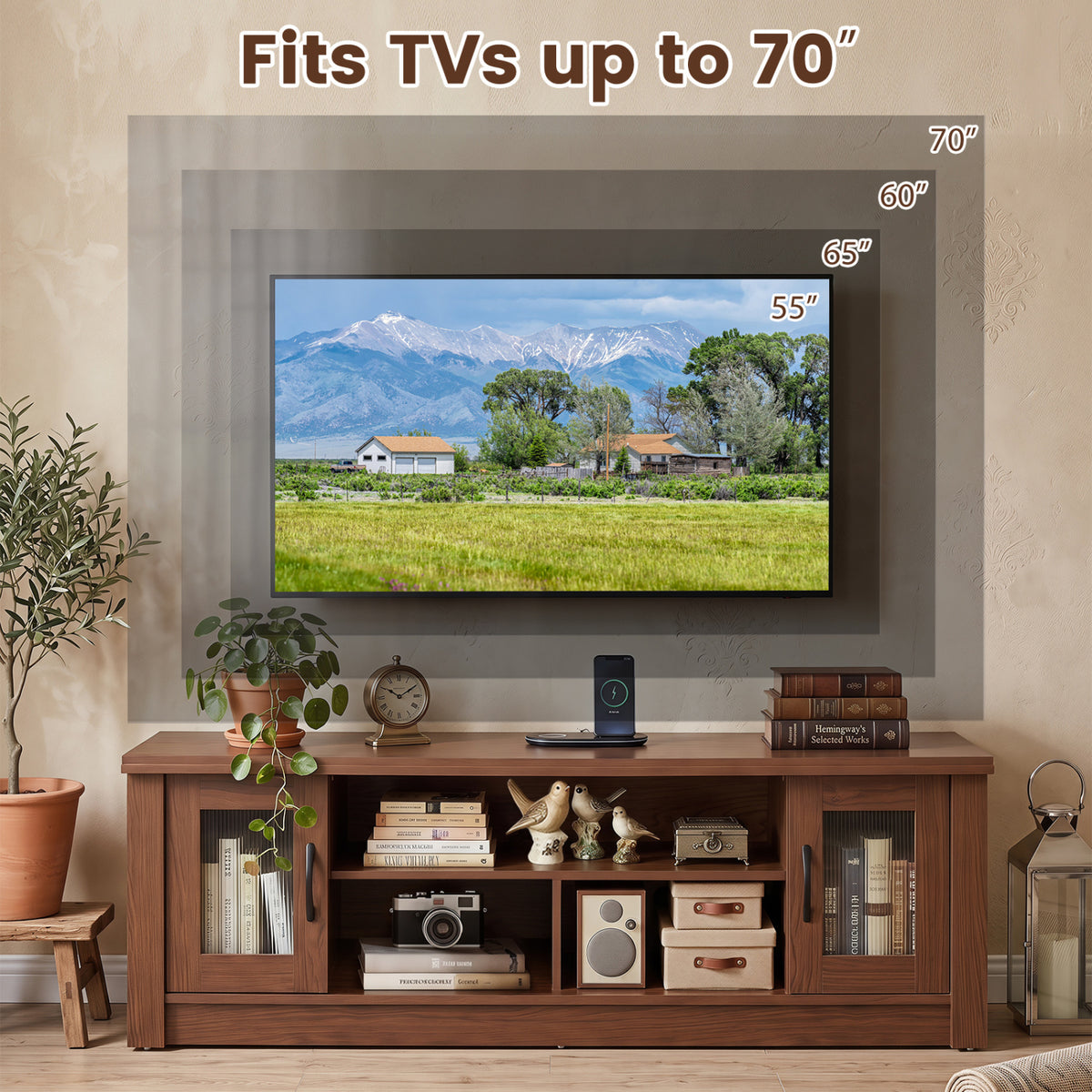 63” Wooden Farmhouse TV Stand for 70" TVs with 2 Fluted Doors and 3 Open Compartments-Brown-Entertainment Centers & TV Stands-DECOROLALA