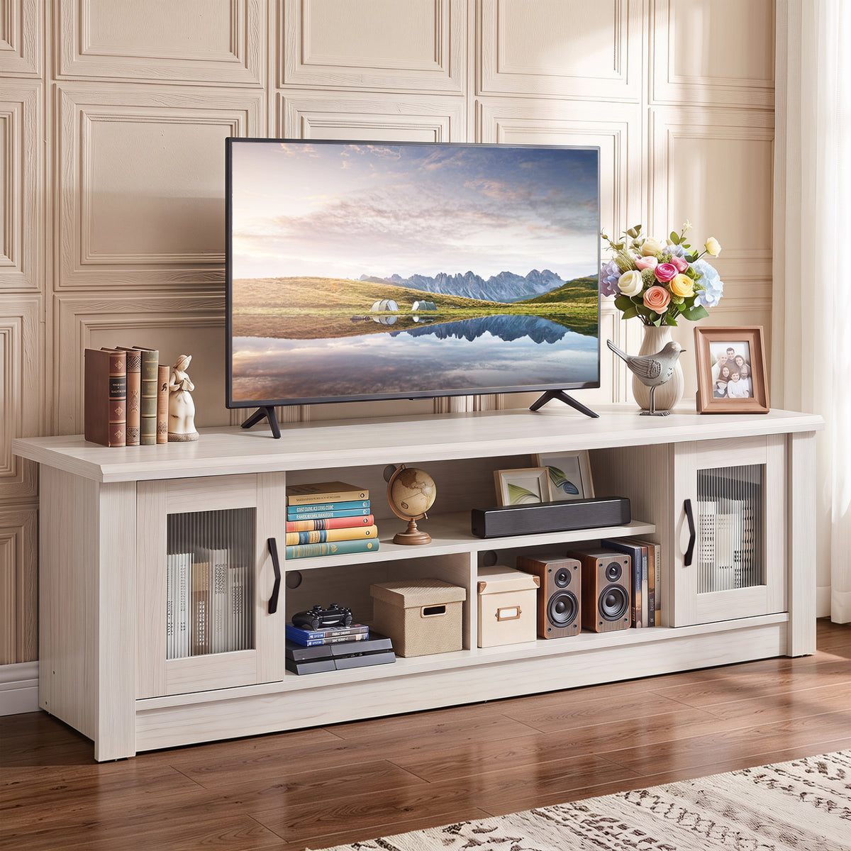 63” Wooden Farmhouse TV Stand for 70" TVs with 2 Fluted Doors and 3 Open Compartments-White-Entertainment Centers & TV Stands-DECOROLALA