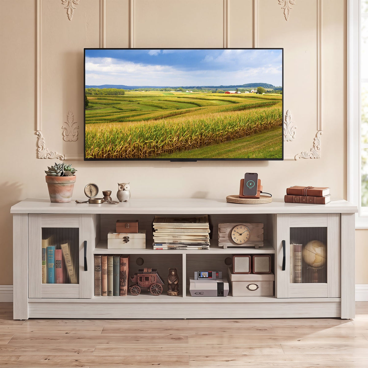 63” Wooden Farmhouse TV Stand for 70" TVs with 2 Fluted Doors and 3 Open Compartments-White-Entertainment Centers & TV Stands-DECOROLALA
