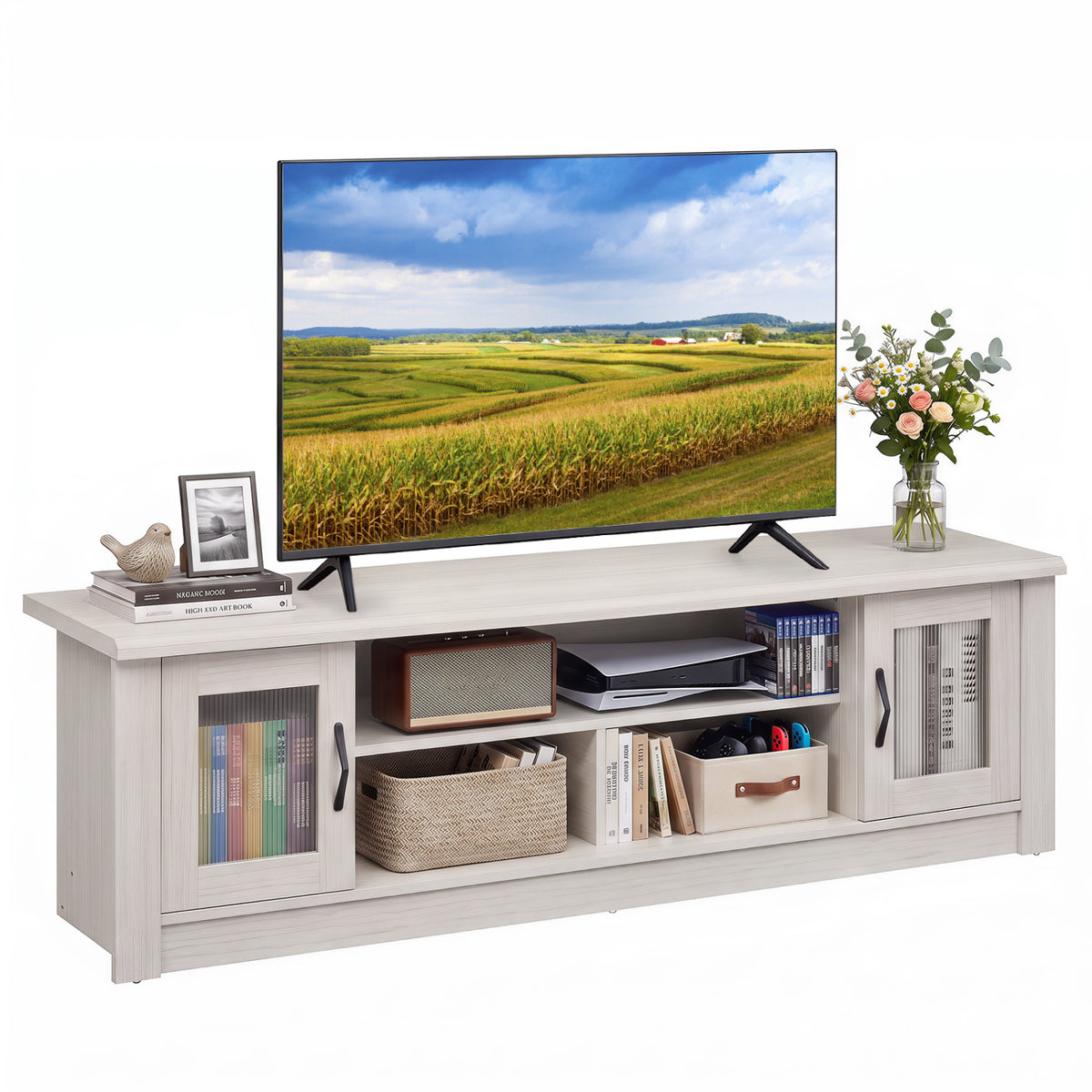 63” Wooden Farmhouse TV Stand for 70" TVs with 2 Fluted Doors and 3 Open Compartments-White-Entertainment Centers & TV Stands-DECOROLALA