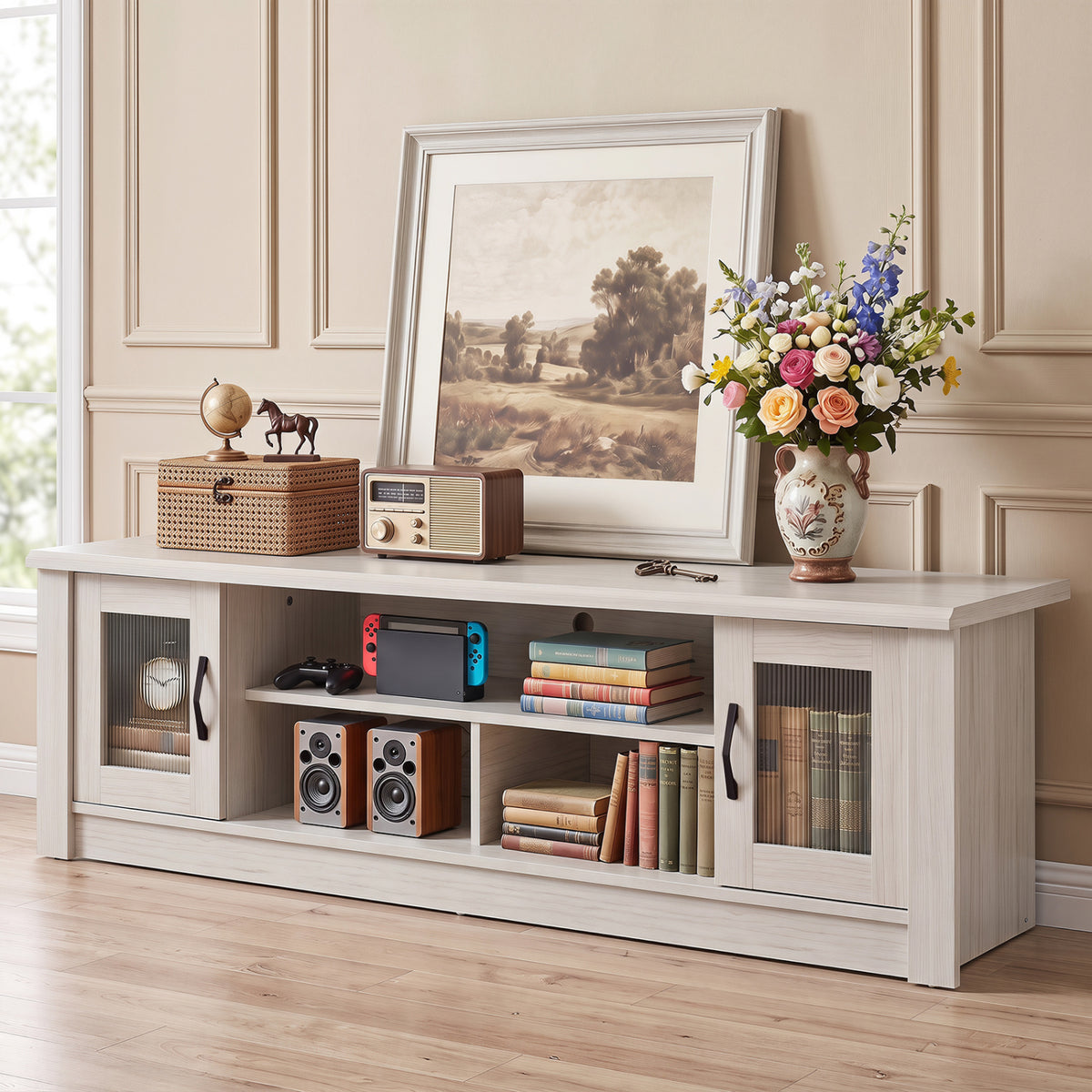 63” Wooden Farmhouse TV Stand for 70" TVs with 2 Fluted Doors and 3 Open Compartments-White-Entertainment Centers & TV Stands-DECOROLALA
