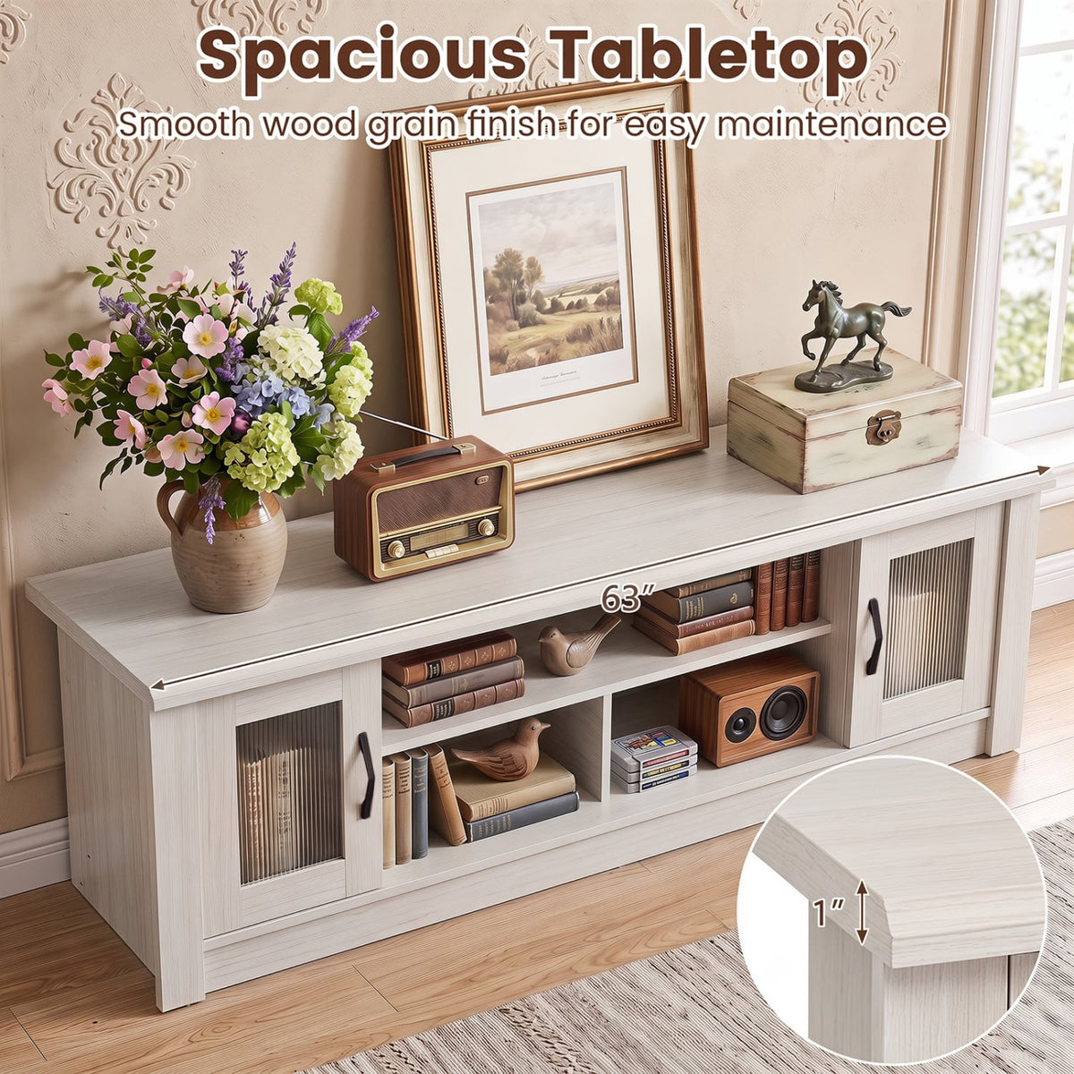 63” Wooden Farmhouse TV Stand for 70" TVs with 2 Fluted Doors and 3 Open Compartments-White-Entertainment Centers & TV Stands-DECOROLALA