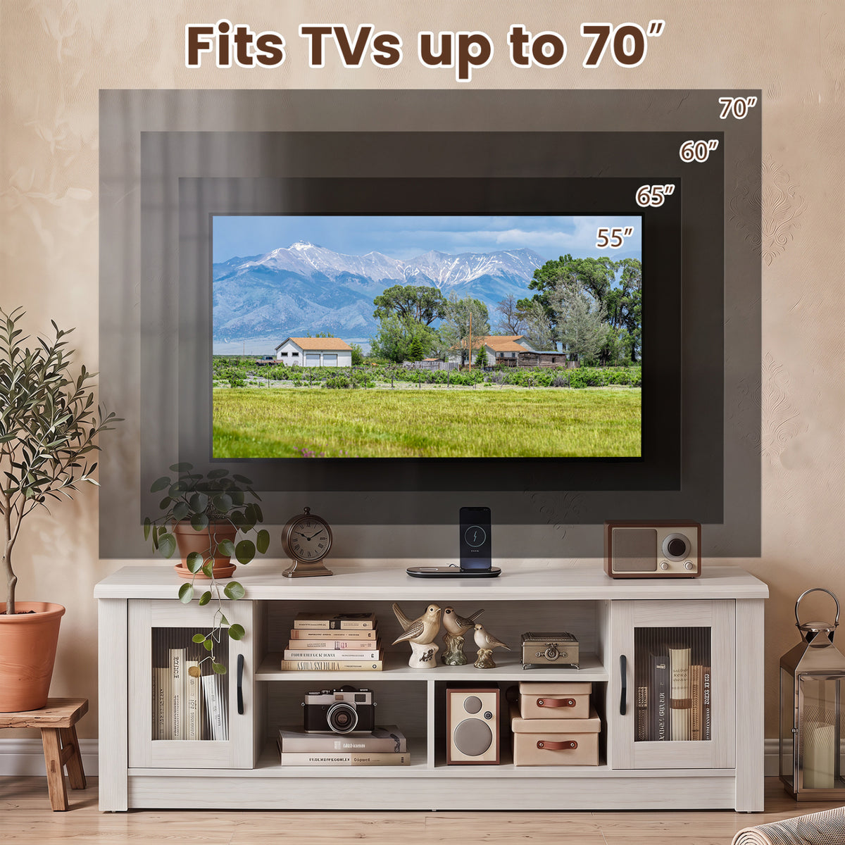 63” Wooden Farmhouse TV Stand for 70" TVs with 2 Fluted Doors and 3 Open Compartments-White-Entertainment Centers & TV Stands-DECOROLALA