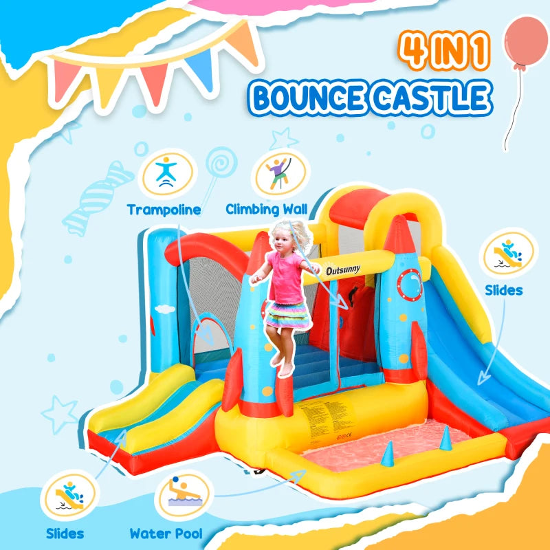 Outsunny Inflatable Rocket Bounce House with Slides and Pool