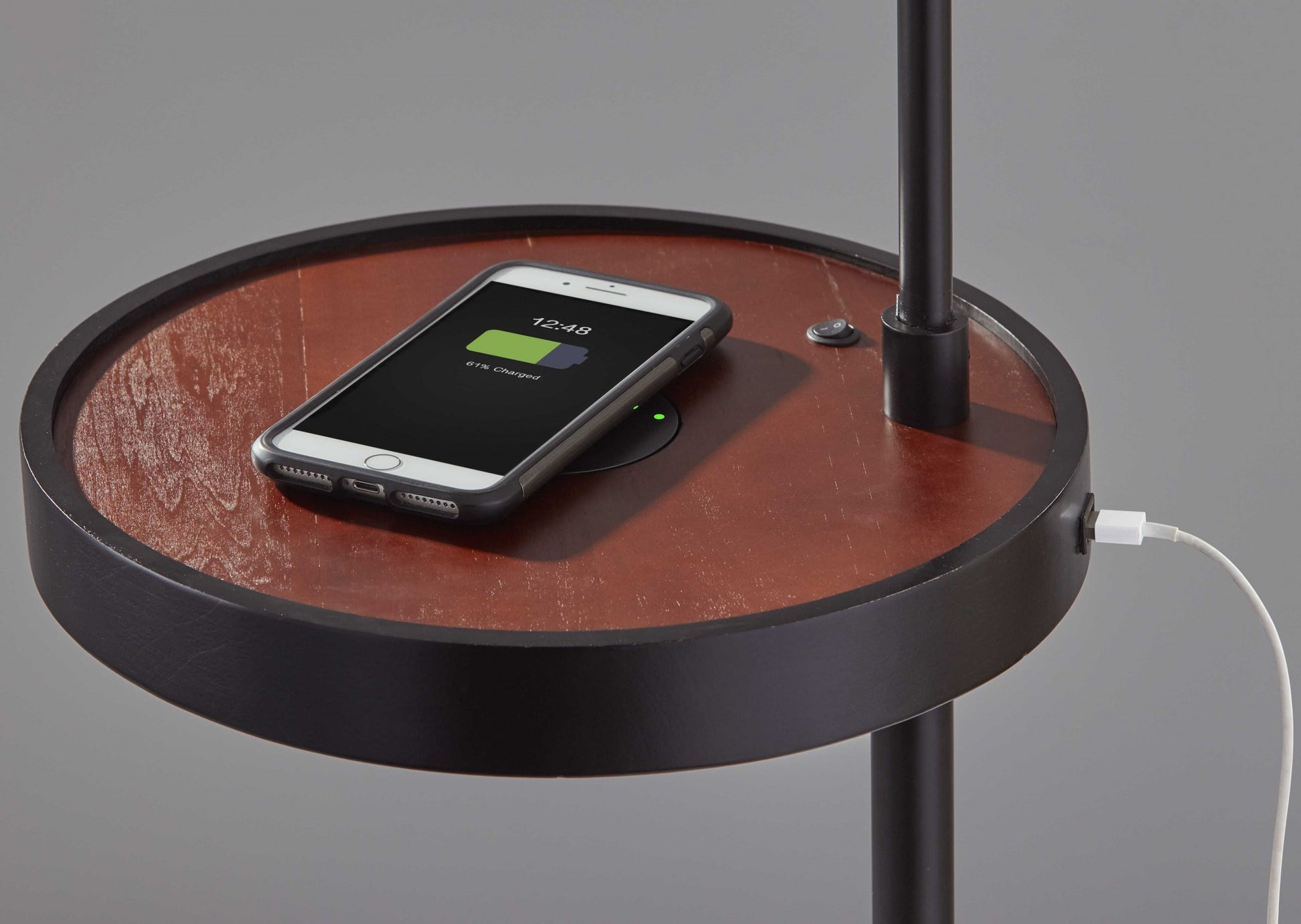 64" Beige And Black Tray Table Floor Lamp With Beige Fabric Drum Shade-Floor Lamps-DECOROLALA