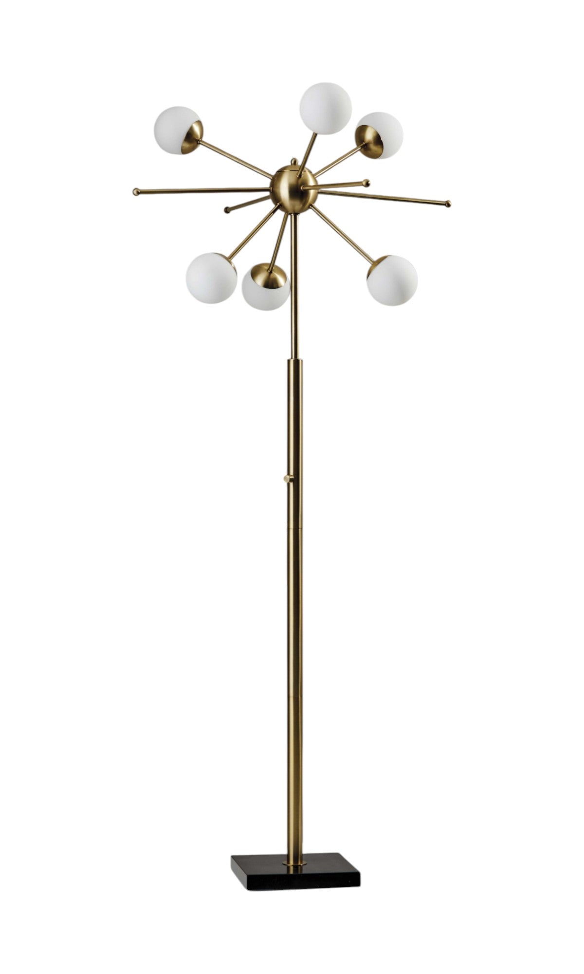 64" Brass Six Light LED Novelty Floor Lamp With White Glass Globe Shades-Floor Lamps-DECOROLALA