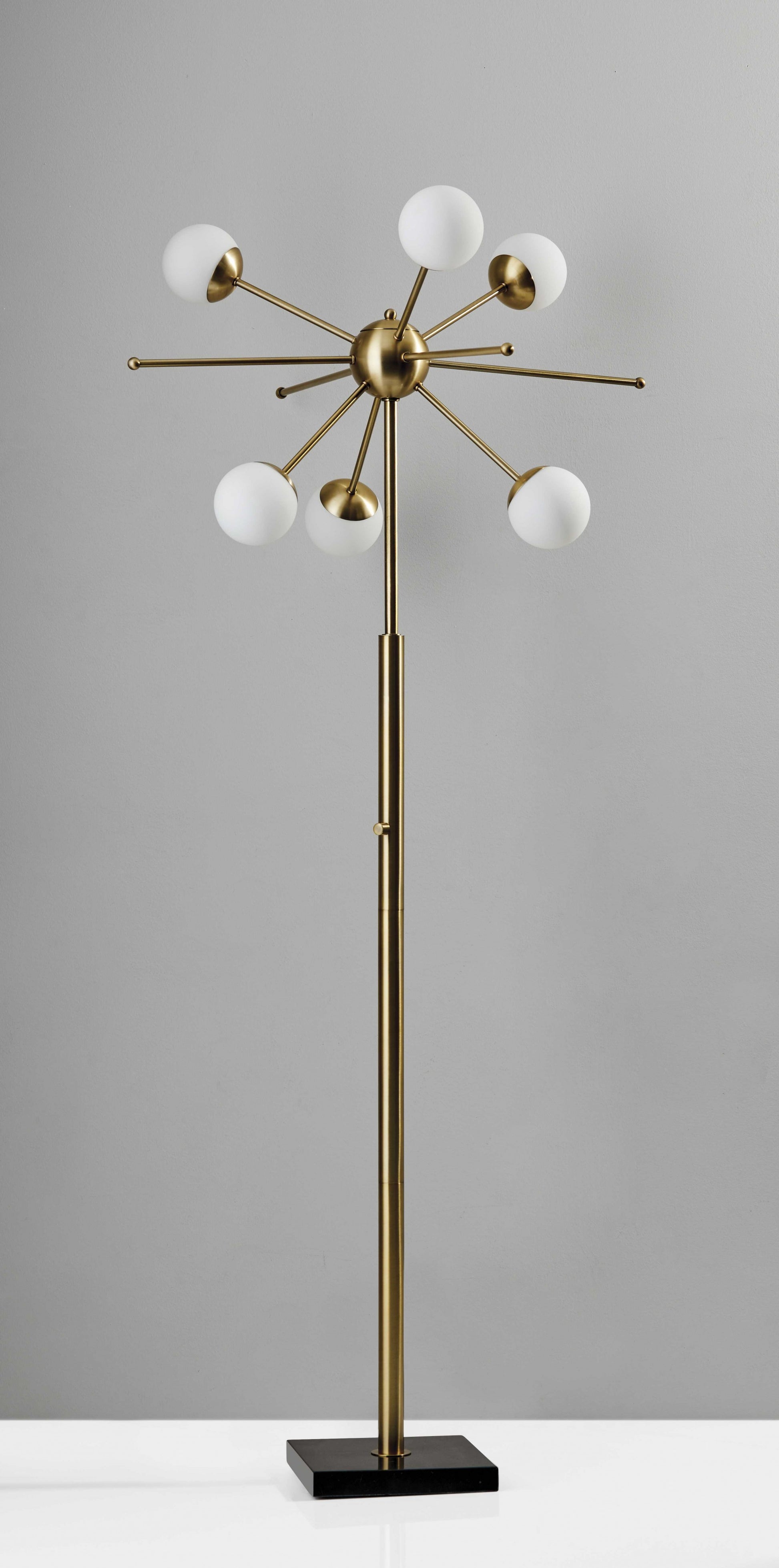 64" Brass Six Light LED Novelty Floor Lamp With White Glass Globe Shades-Floor Lamps-DECOROLALA