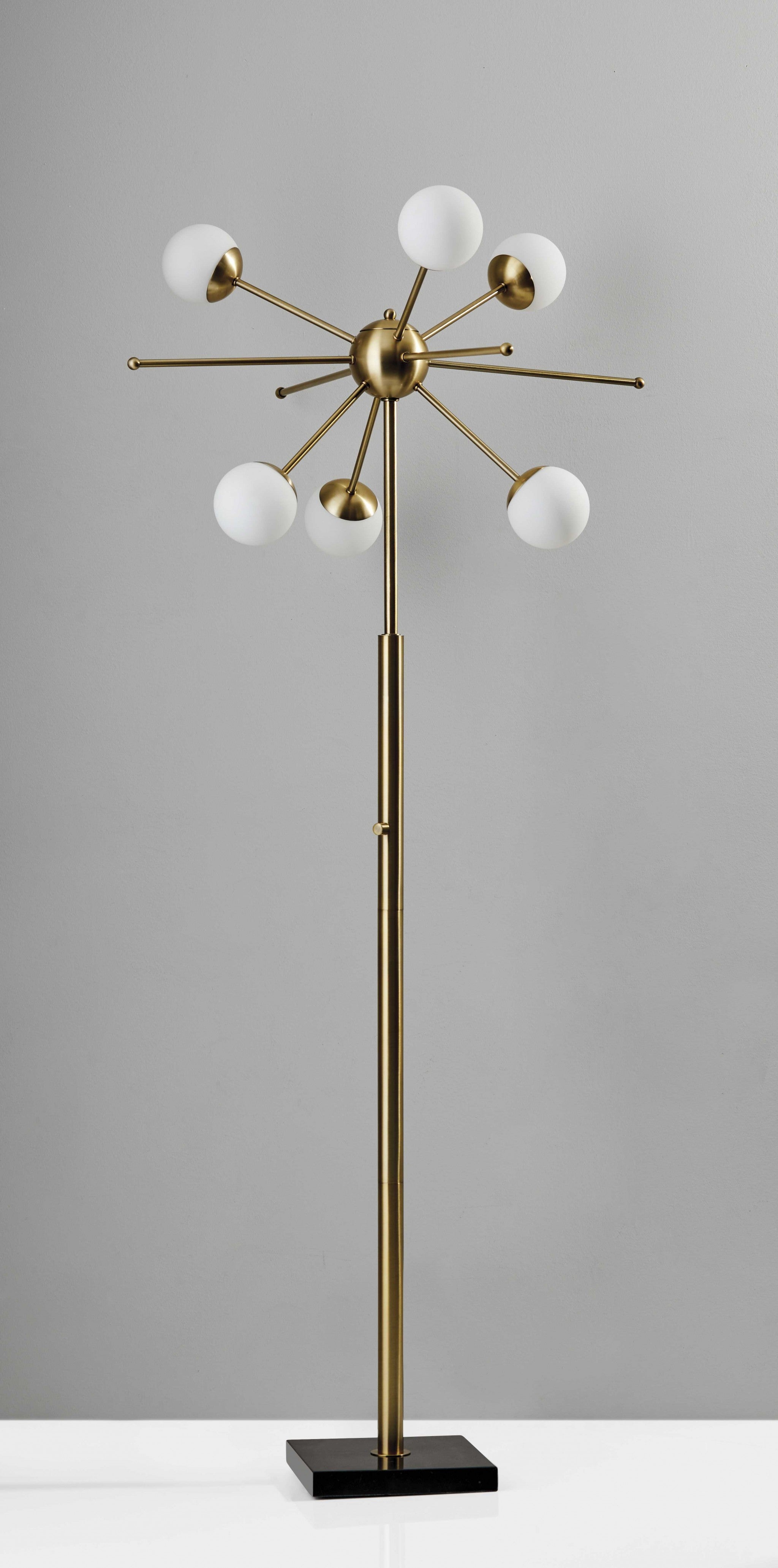 64" Brass Six Light LED Novelty Floor Lamp With White Glass Globe Shades-Floor Lamps-DECOROLALA