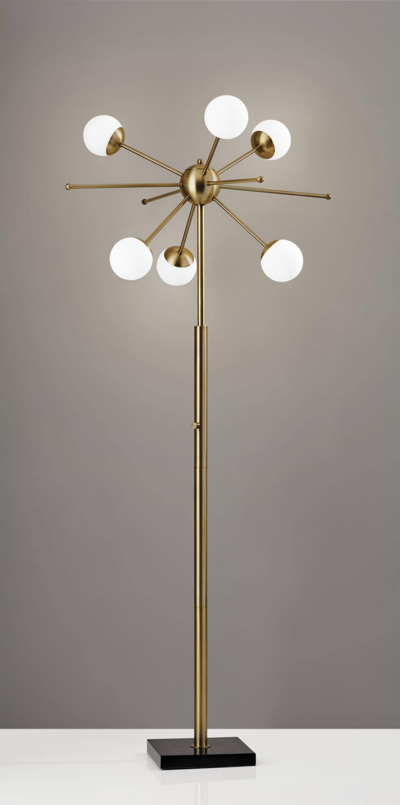 64" Brass Six Light LED Novelty Floor Lamp With White Glass Globe Shades-Floor Lamps-DECOROLALA