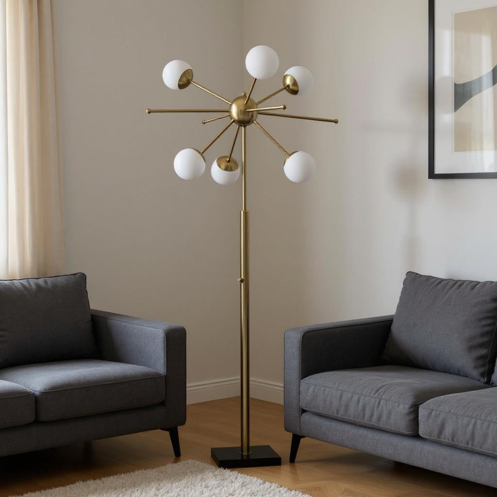 64" Brass Six Light LED Novelty Floor Lamp With White Glass Globe Shades-Floor Lamps-DECOROLALA