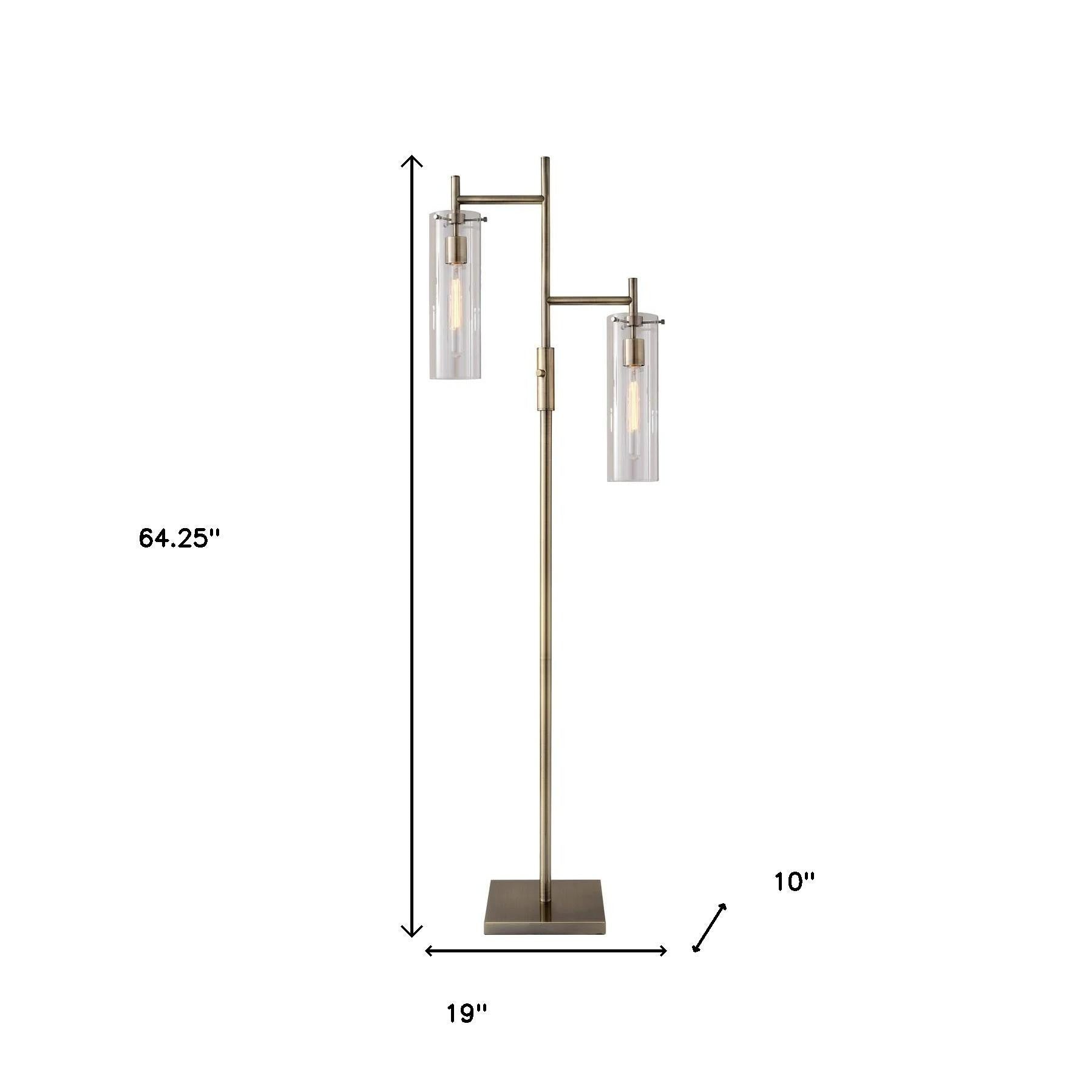 64" Brass Two Light Novelty Floor Lamp With Clear Glass Drum Shade-Floor Lamps-DECOROLALA