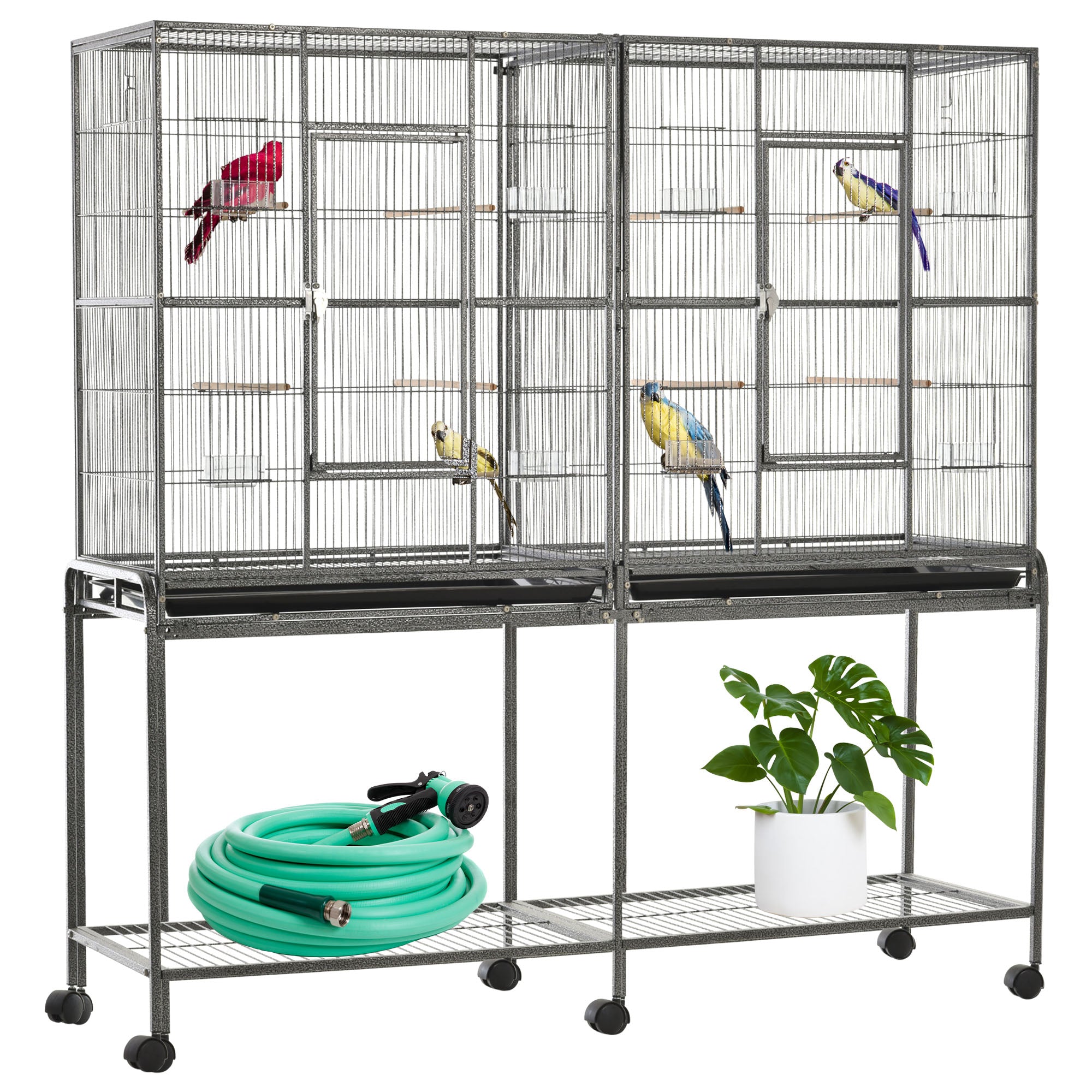64" Extra Large Rolling Metal Bird Cage with Stand - Black-Birds-DECOROLALA