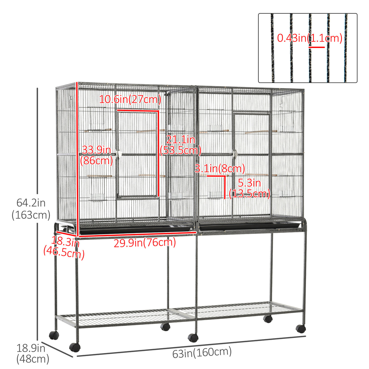 64" Extra Large Rolling Metal Bird Cage with Stand - Black-Birds-DECOROLALA