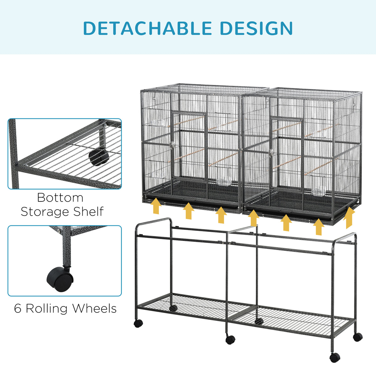 64" Extra Large Rolling Metal Bird Cage with Stand - Black-Birds-DECOROLALA