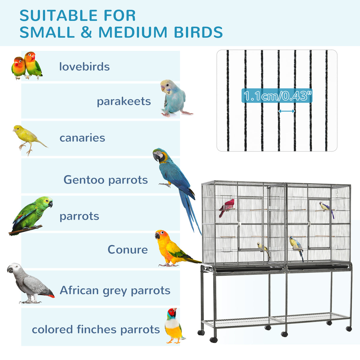 64" Extra Large Rolling Metal Bird Cage with Stand - Black-Birds-DECOROLALA