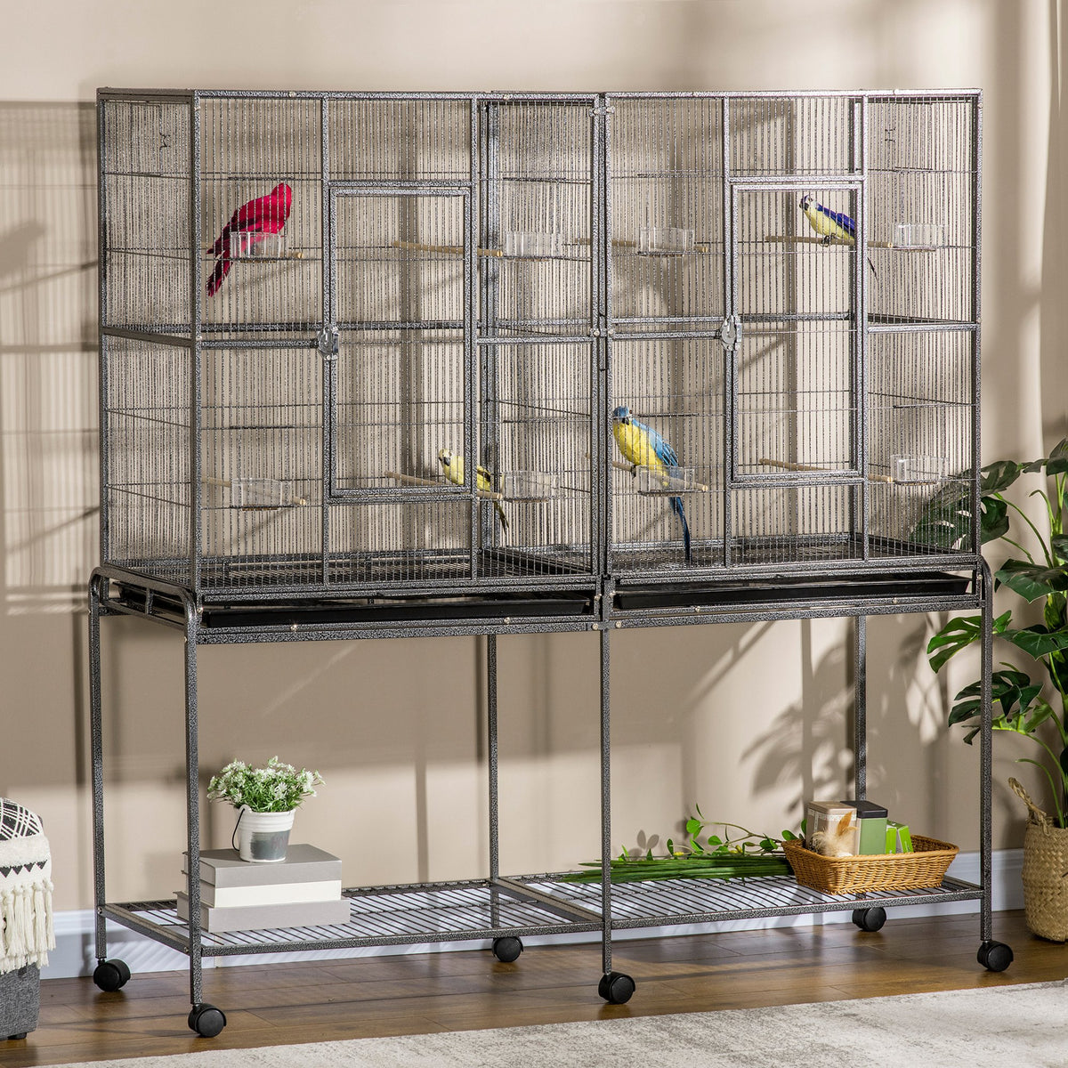 64" Extra Large Rolling Metal Bird Cage with Stand - Black-Birds-DECOROLALA
