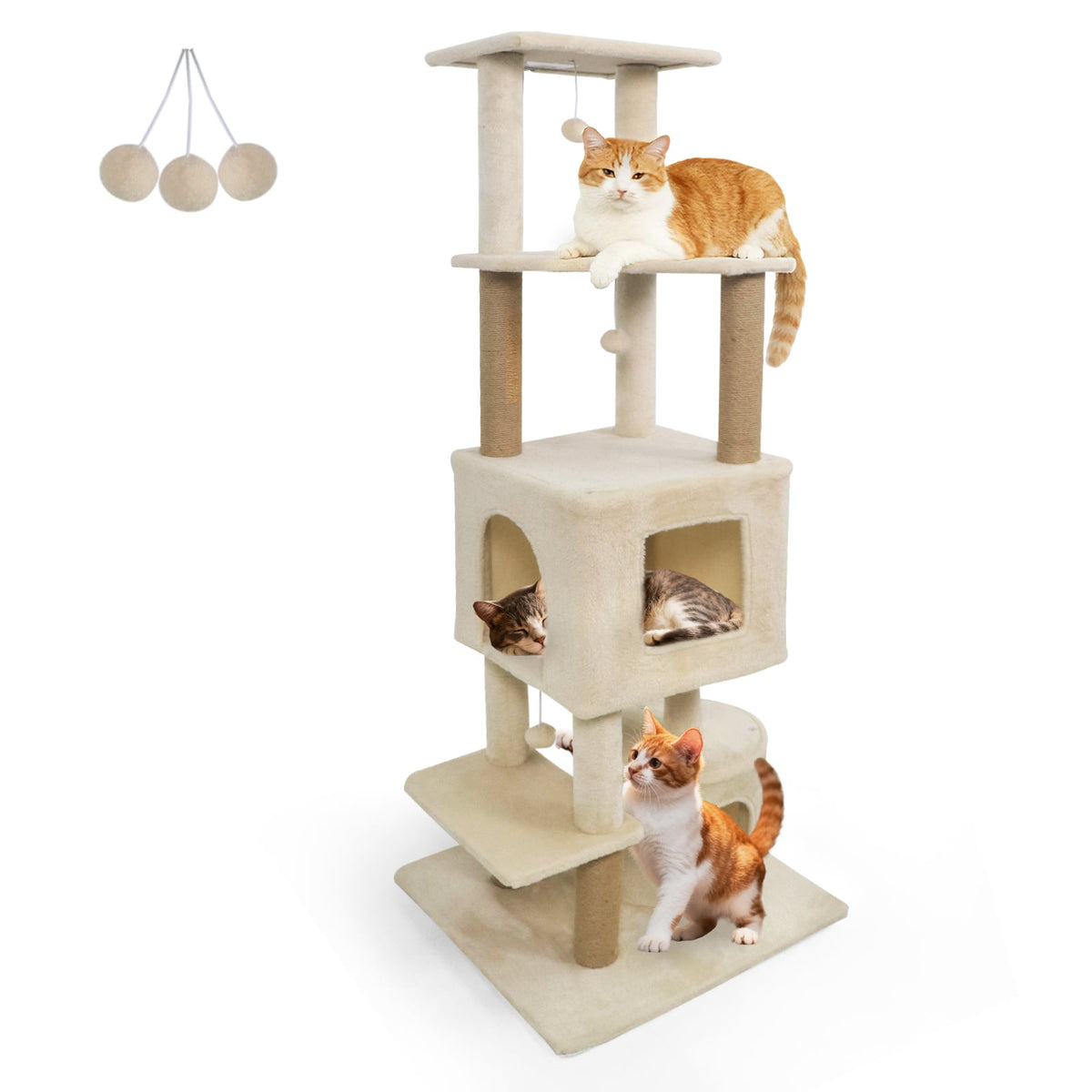 64 Inch Tall Cat Tree with 2 Large Condos and Jute Scratching Posts for Indoor Adult Cats-Beige-Cat Trees & Scratchers-DECOROLALA
