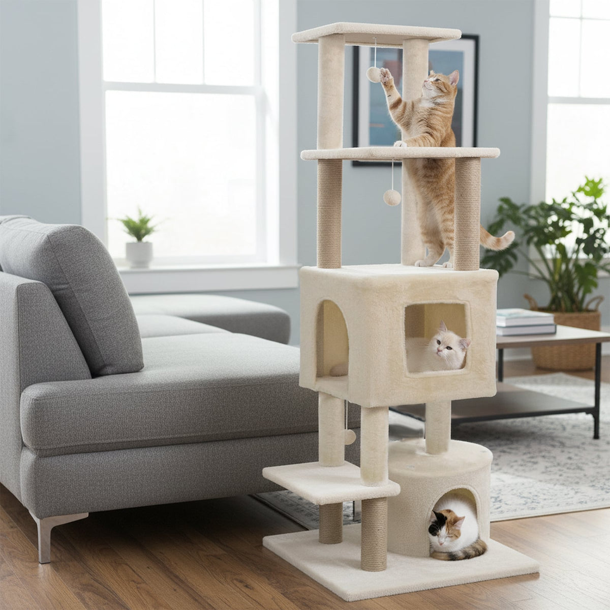 64 Inch Tall Cat Tree with 2 Large Condos and Jute Scratching Posts for Indoor Adult Cats-Beige-Cat Trees & Scratchers-DECOROLALA