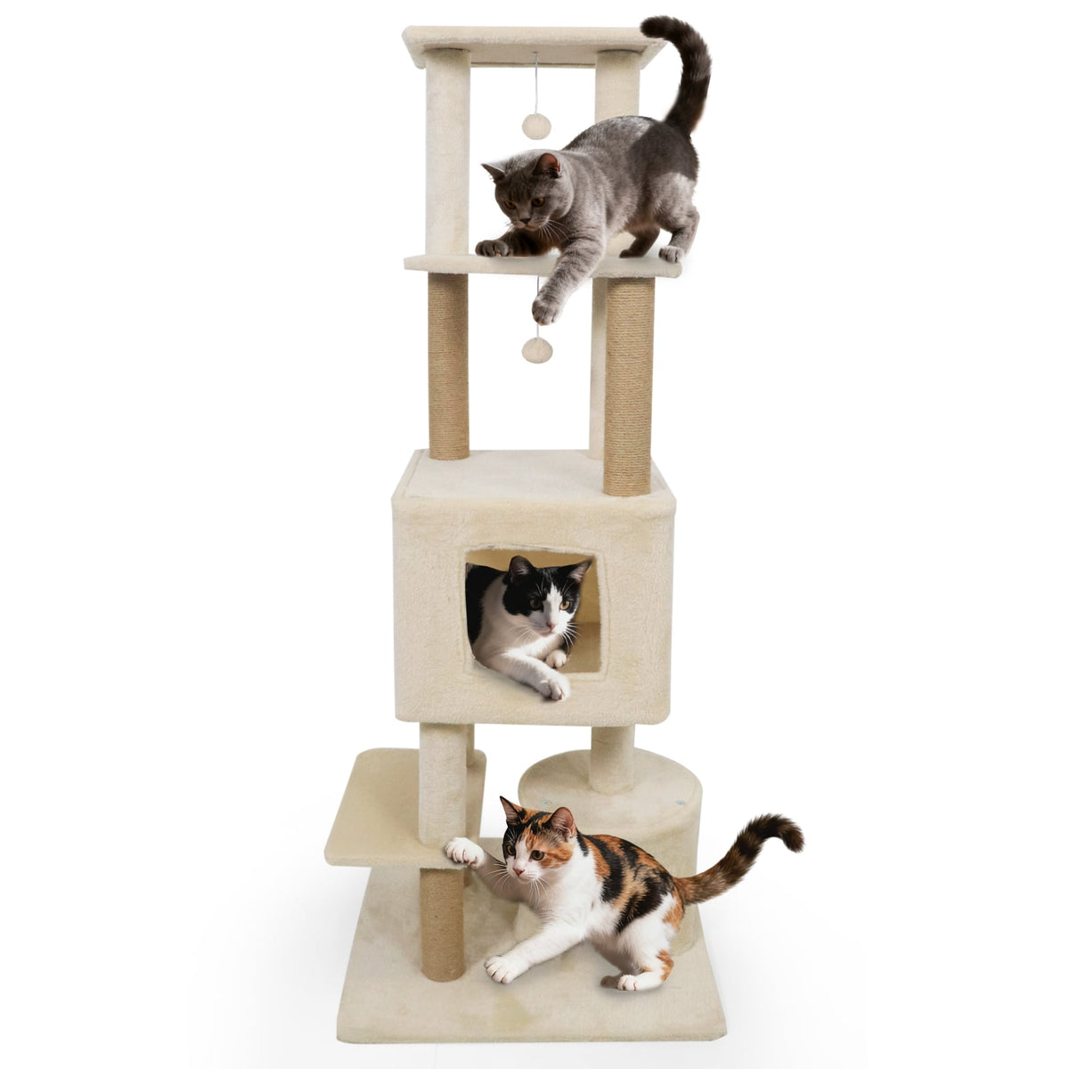 64 Inch Tall Cat Tree with 2 Large Condos and Jute Scratching Posts for Indoor Adult Cats-Beige-Cat Trees & Scratchers-DECOROLALA