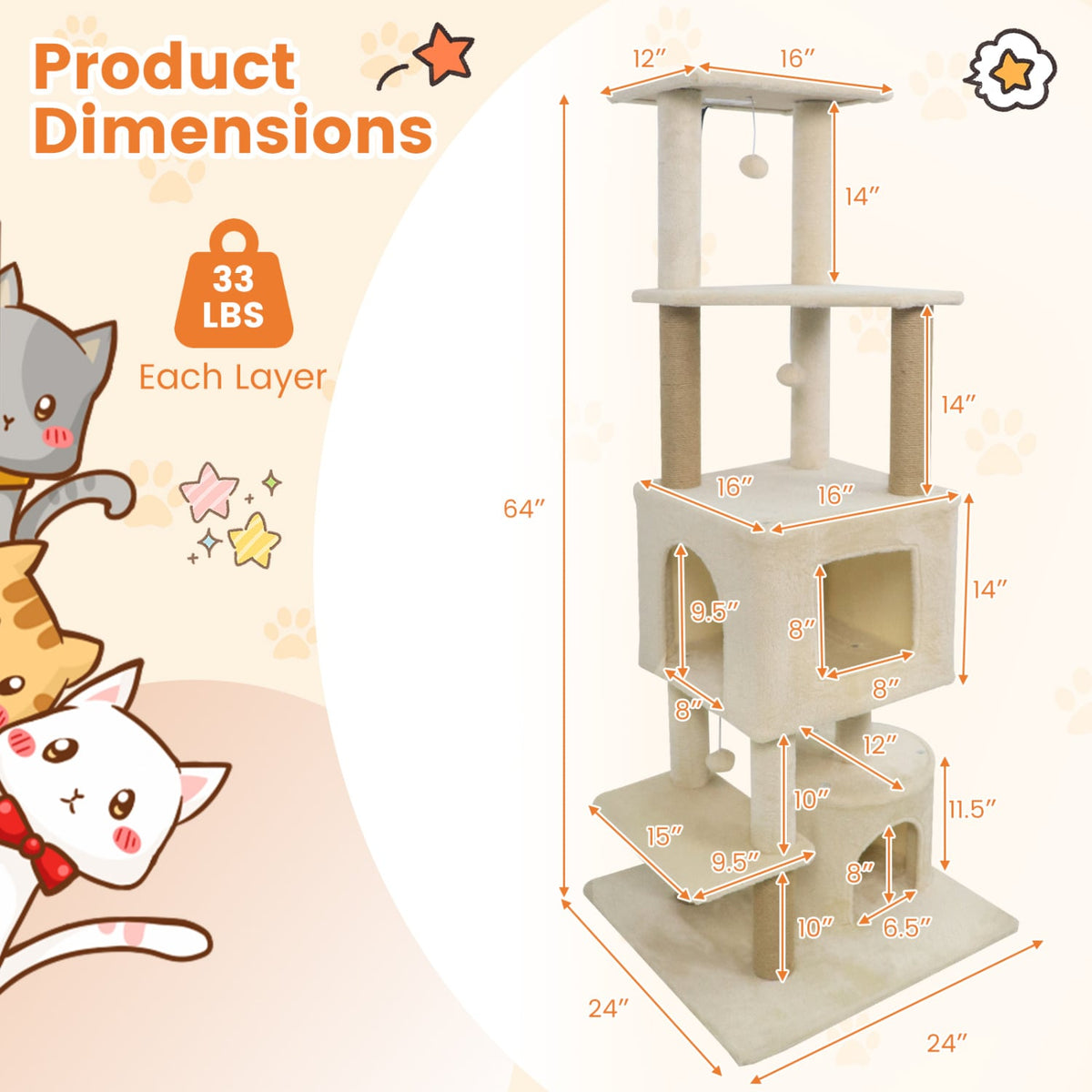 64 Inch Tall Cat Tree with 2 Large Condos and Jute Scratching Posts for Indoor Adult Cats-Beige-Cat Trees & Scratchers-DECOROLALA