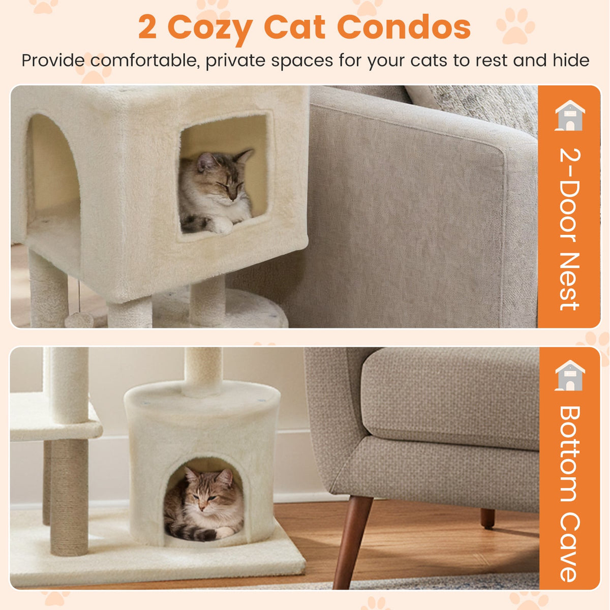 64 Inch Tall Cat Tree with 2 Large Condos and Jute Scratching Posts for Indoor Adult Cats-Beige-Cat Trees & Scratchers-DECOROLALA