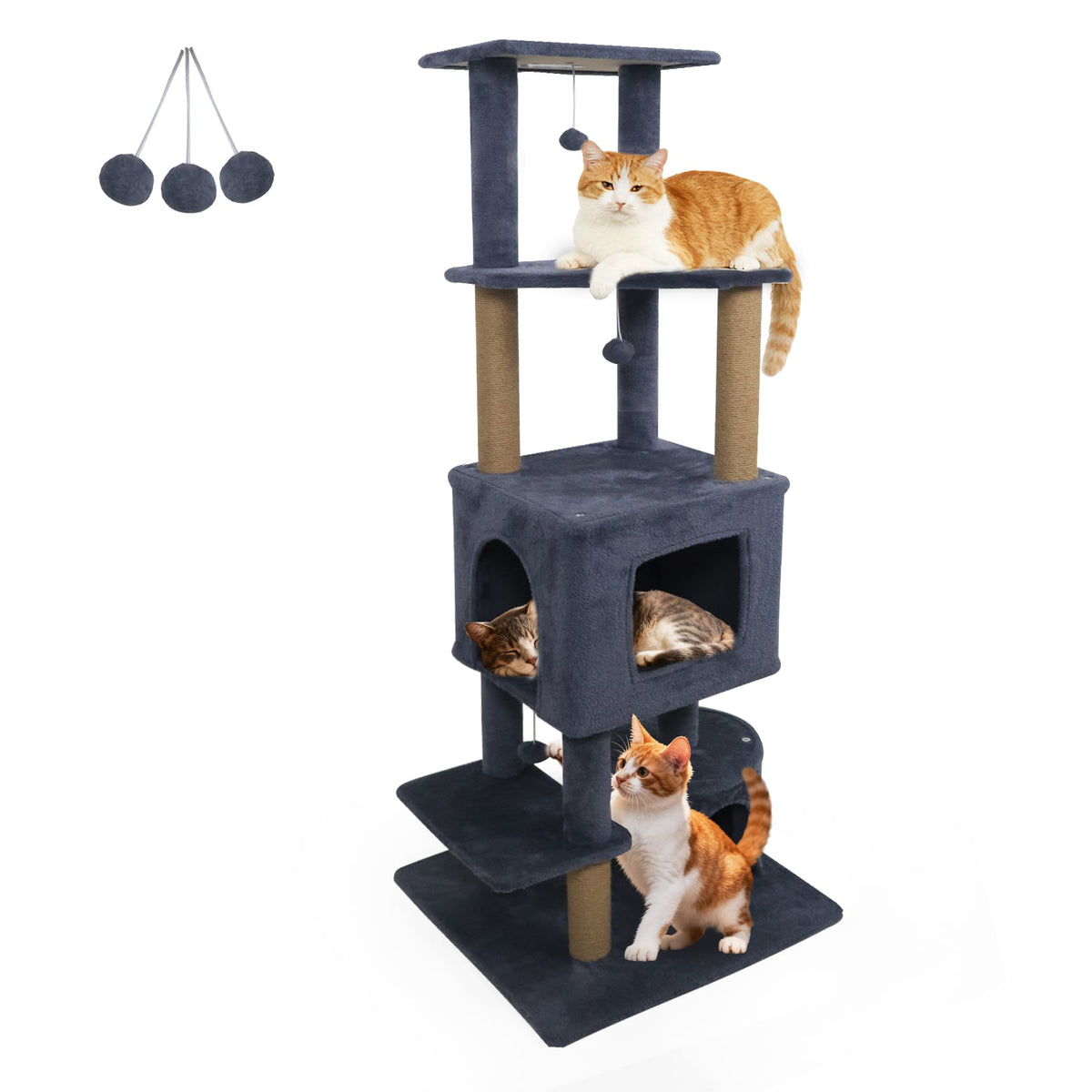64 Inch Tall Cat Tree with 2 Large Condos and Jute Scratching Posts for Indoor Adult Cats-Dark Grey-Cat Trees & Scratchers-DECOROLALA