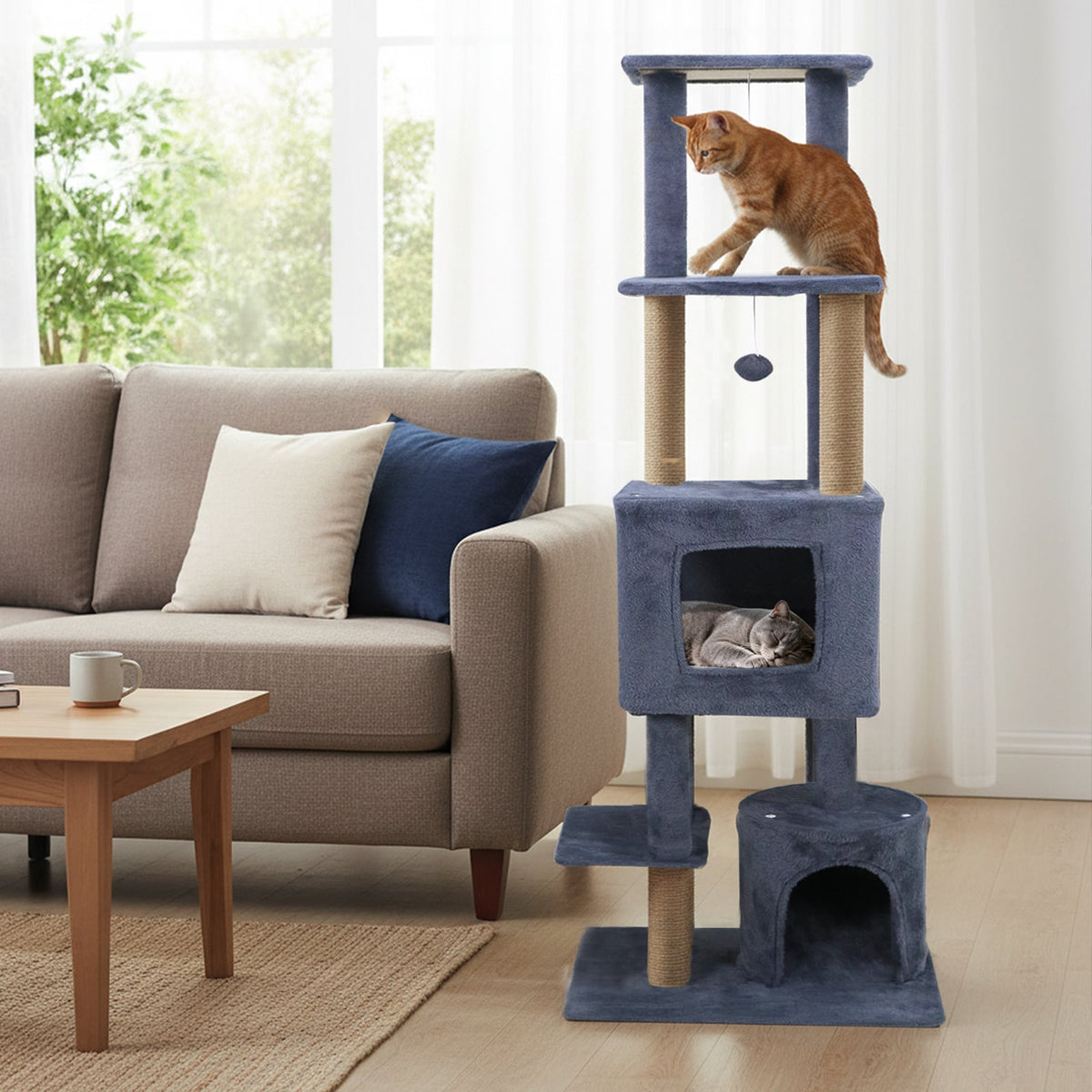 64 Inch Tall Cat Tree with 2 Large Condos and Jute Scratching Posts for Indoor Adult Cats-Dark Grey-Cat Trees & Scratchers-DECOROLALA