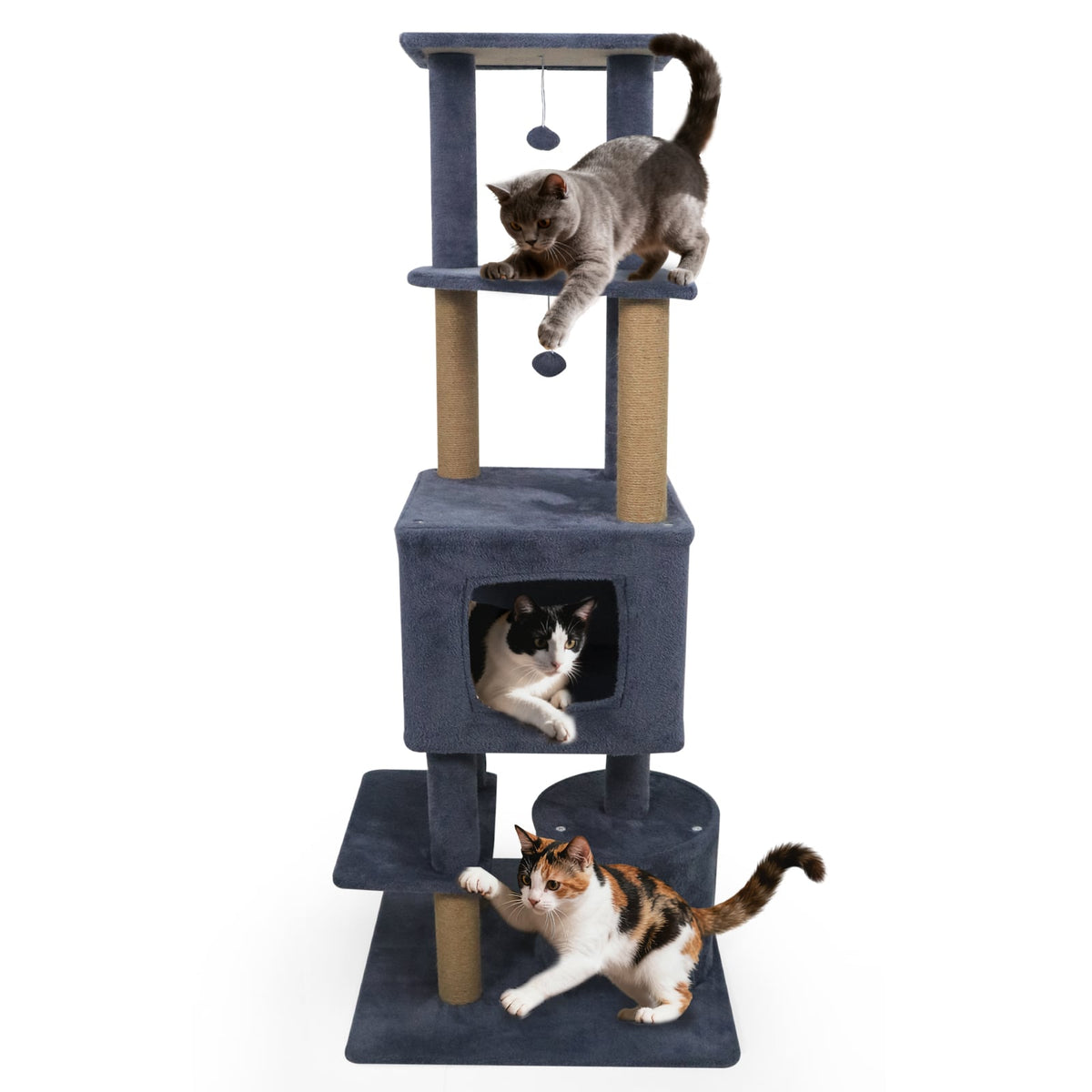 64 Inch Tall Cat Tree with 2 Large Condos and Jute Scratching Posts for Indoor Adult Cats-Dark Grey-Cat Trees & Scratchers-DECOROLALA