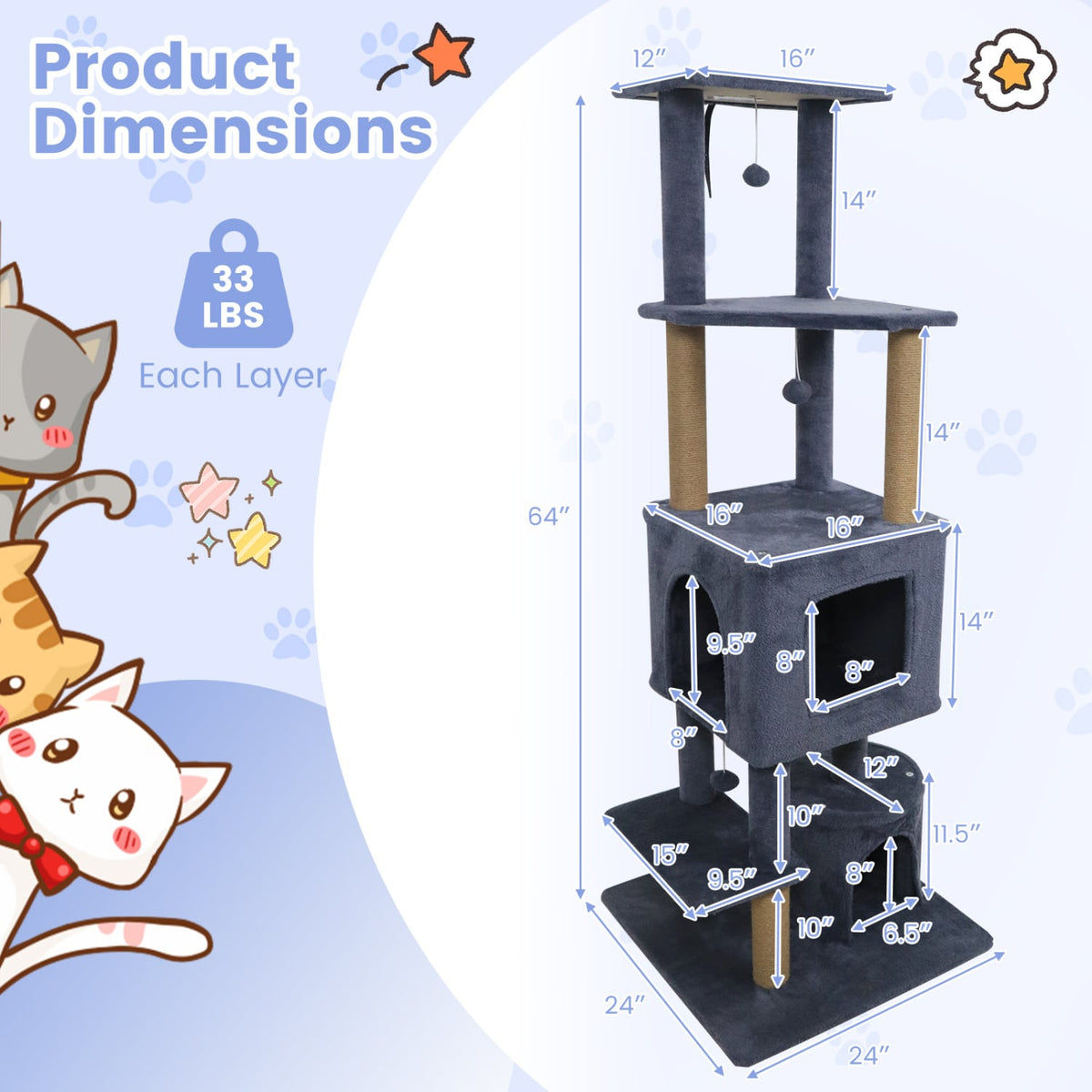 64 Inch Tall Cat Tree with 2 Large Condos and Jute Scratching Posts for Indoor Adult Cats-Dark Grey-Cat Trees & Scratchers-DECOROLALA