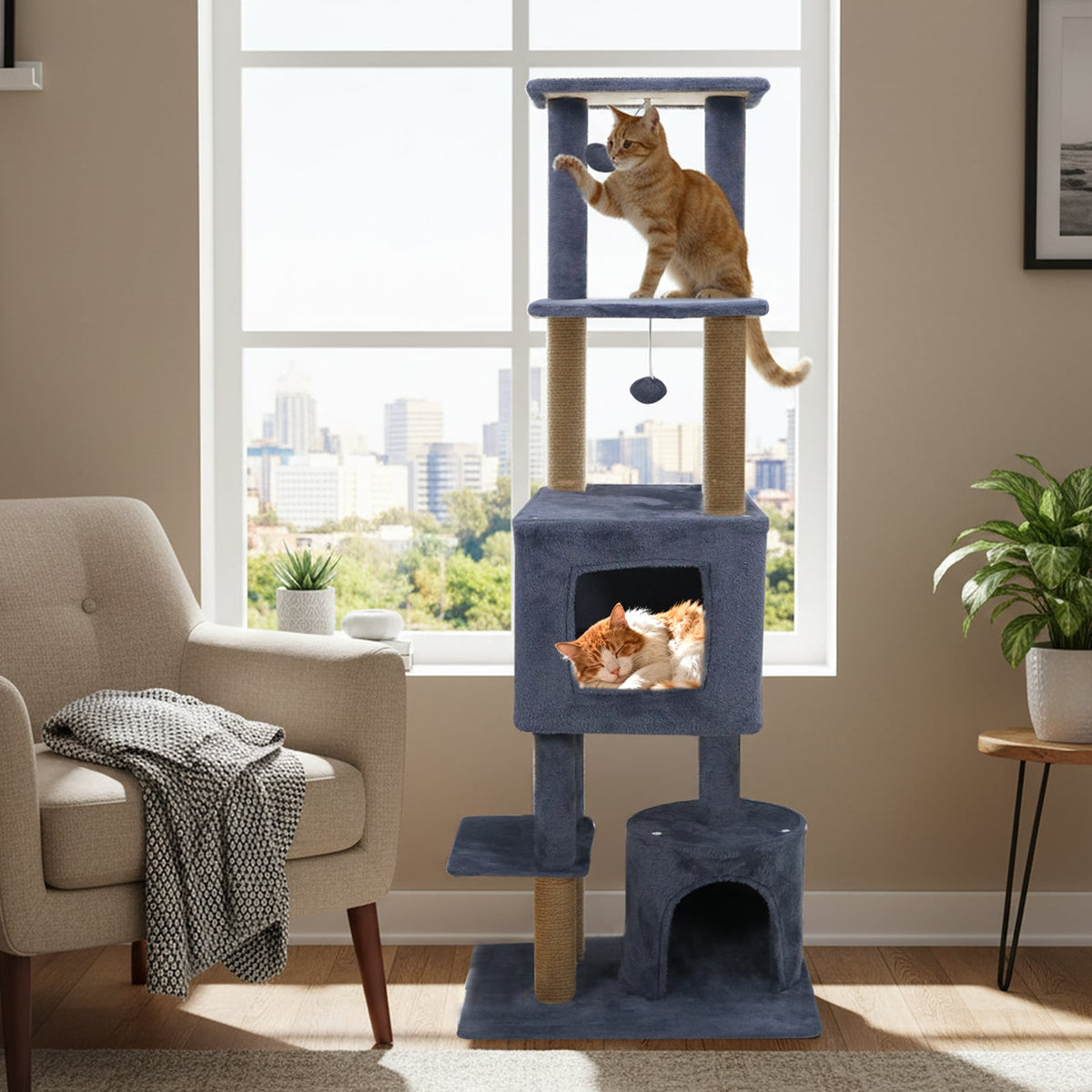 64 Inch Tall Cat Tree with 2 Large Condos and Jute Scratching Posts for Indoor Adult Cats-Dark Grey-Cat Trees & Scratchers-DECOROLALA