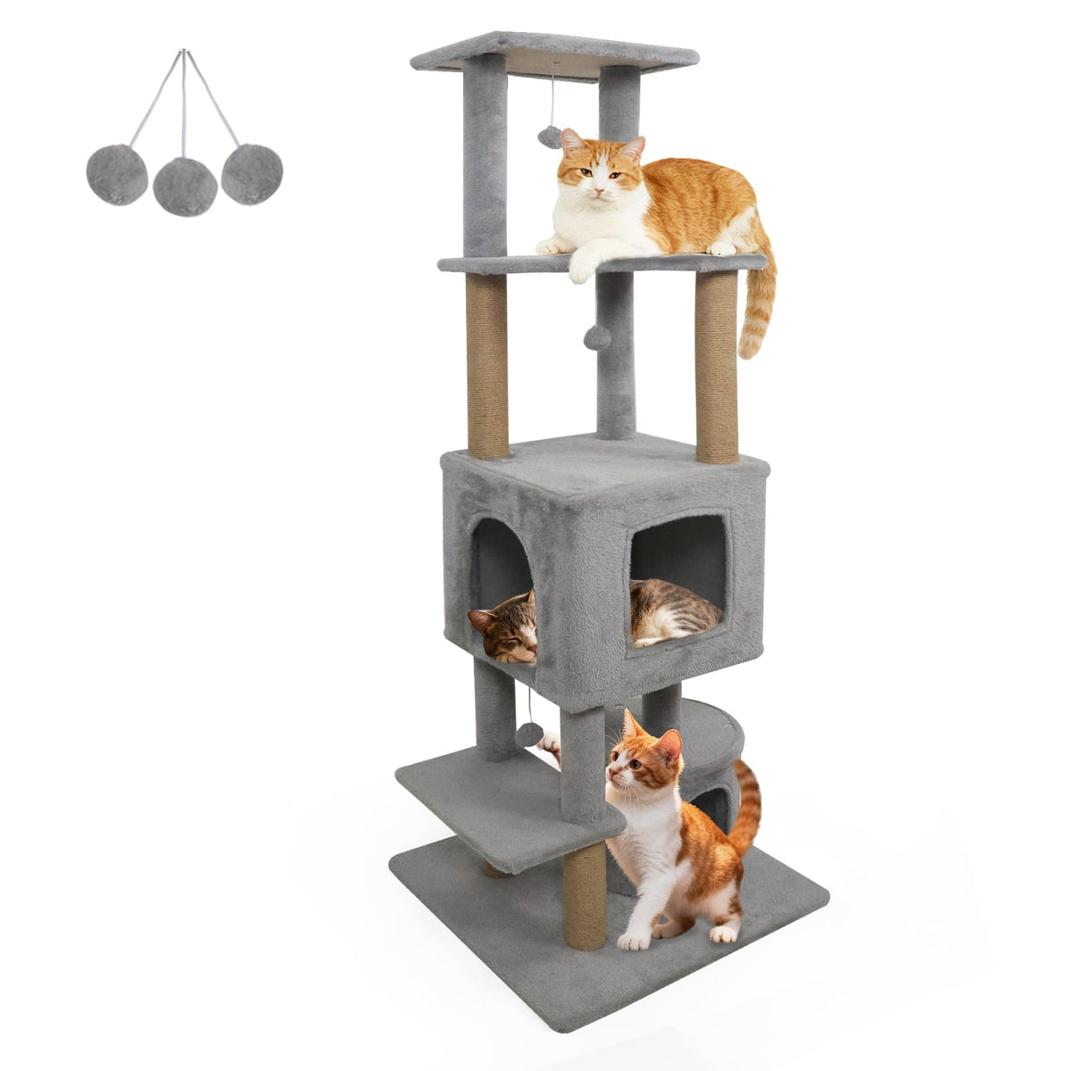 64 Inch Tall Cat Tree with 2 Large Condos and Jute Scratching Posts for Indoor Adult Cats-Light Grey-Cat Trees & Scratchers-DECOROLALA