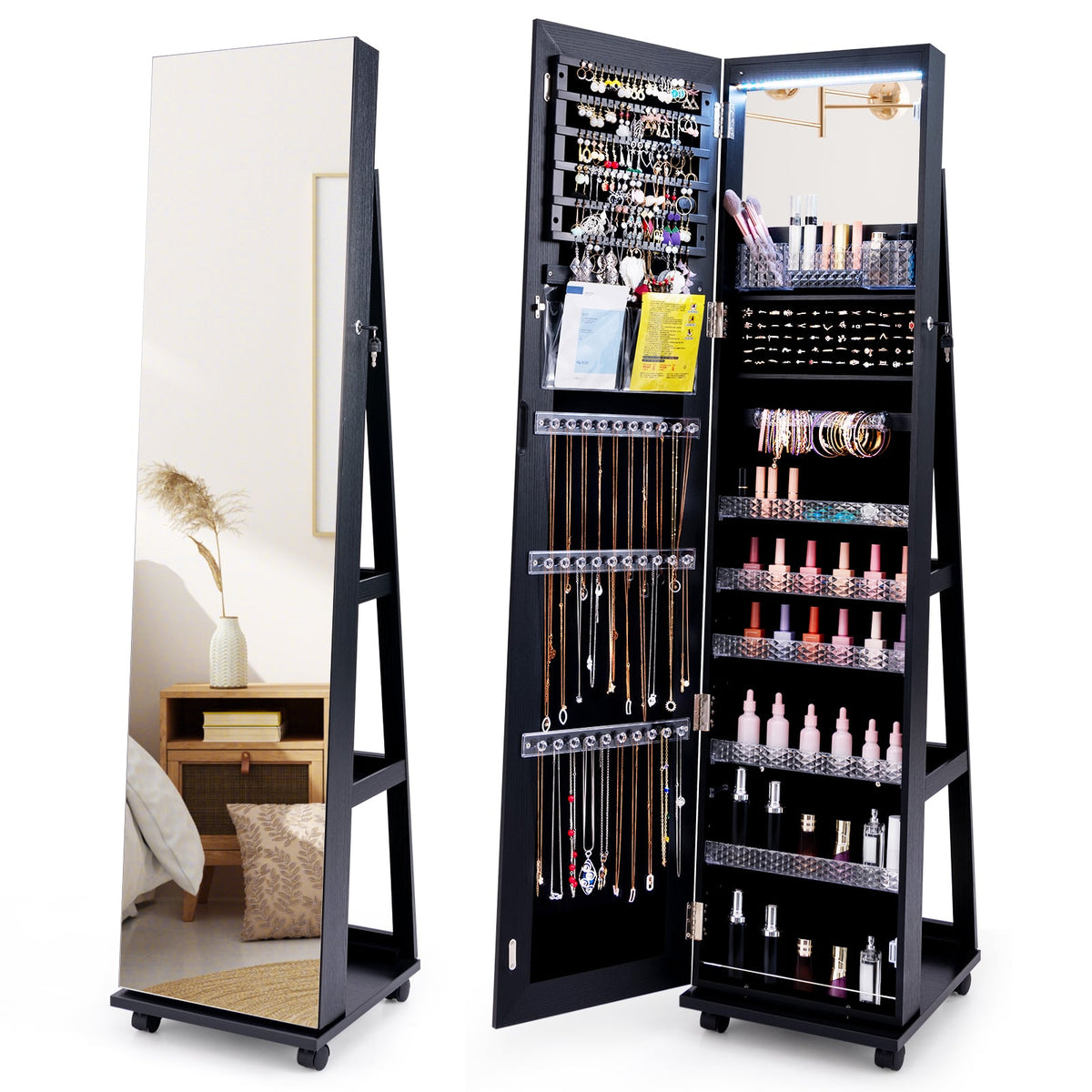 64 Inches Lockable Jewelry Cabinet Armoire with Built-in Makeup Mirror-Black-Jewelry Armoires-DECOROLALA