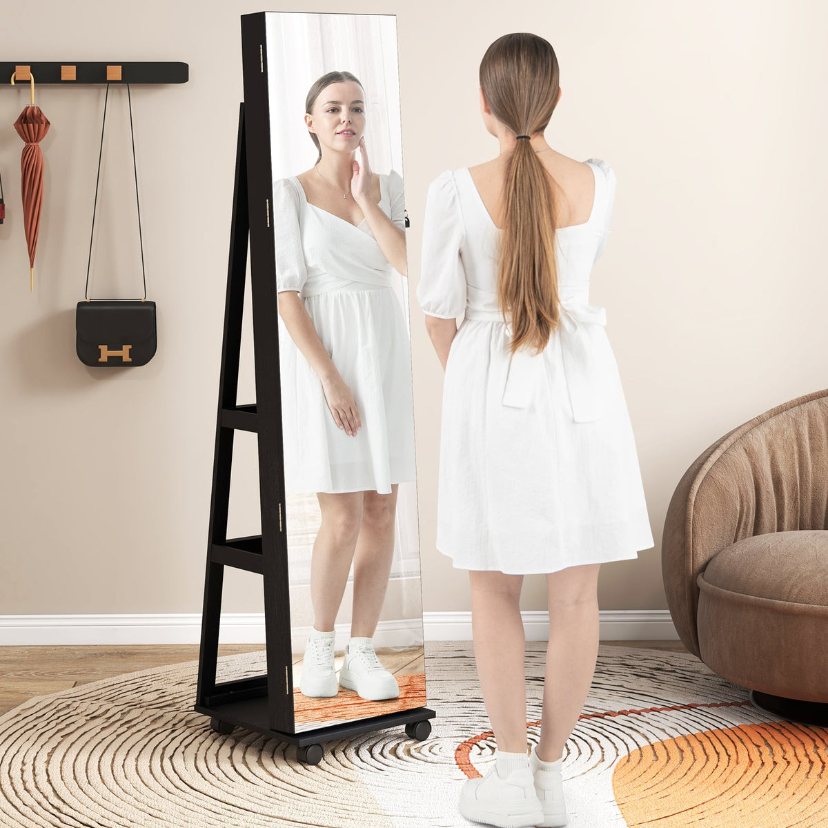 64 Inches Lockable Jewelry Cabinet Armoire with Built-in Makeup Mirror-Black-Jewelry Armoires-DECOROLALA